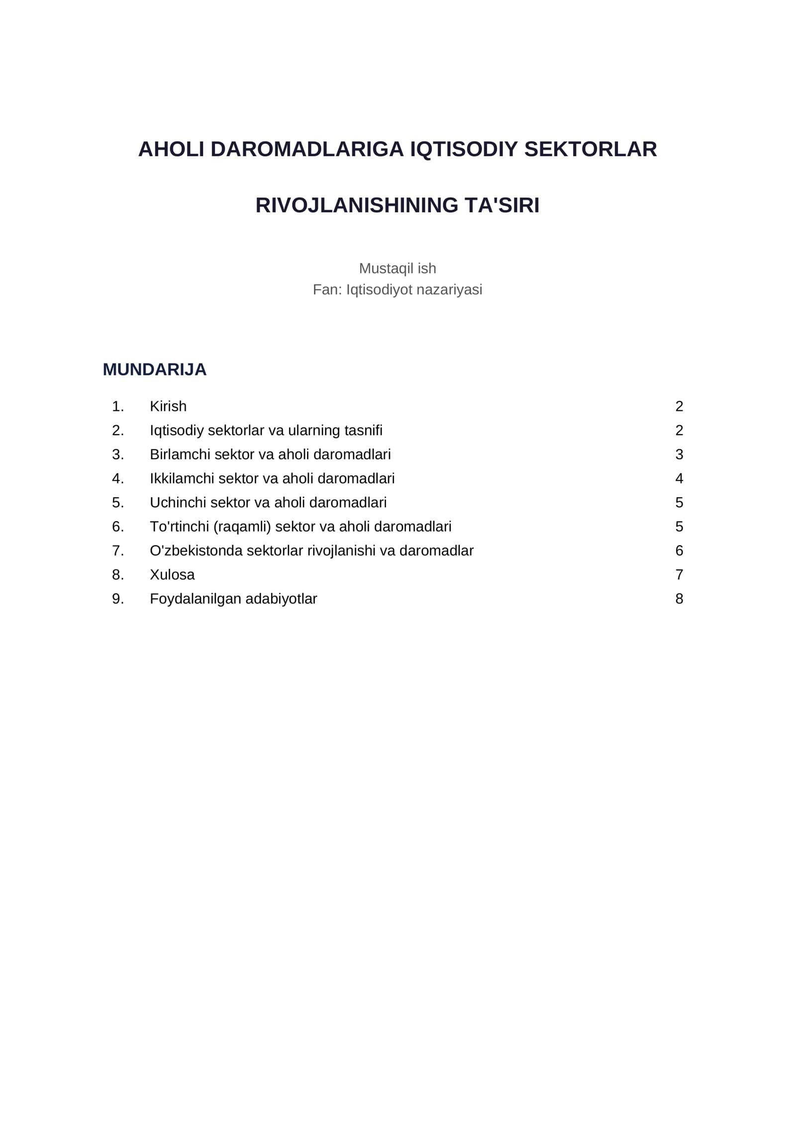 aholi daromadlarinig iqtisodiy sektorlar rivojlanishining taʼsiri
