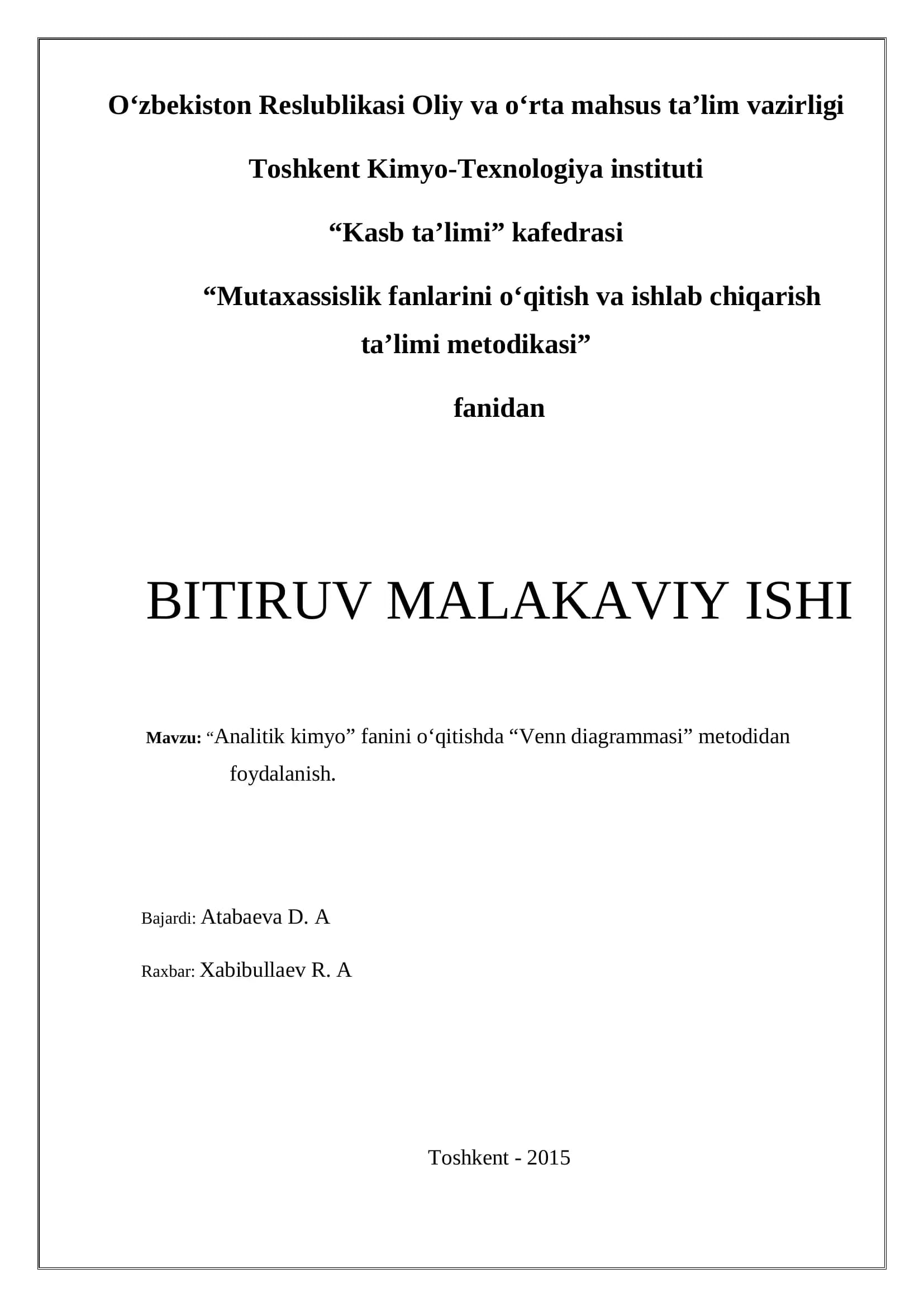 Mutaxassislik fanlarini o‘qitish va ishlab chiqarish ta’limi metodikasi