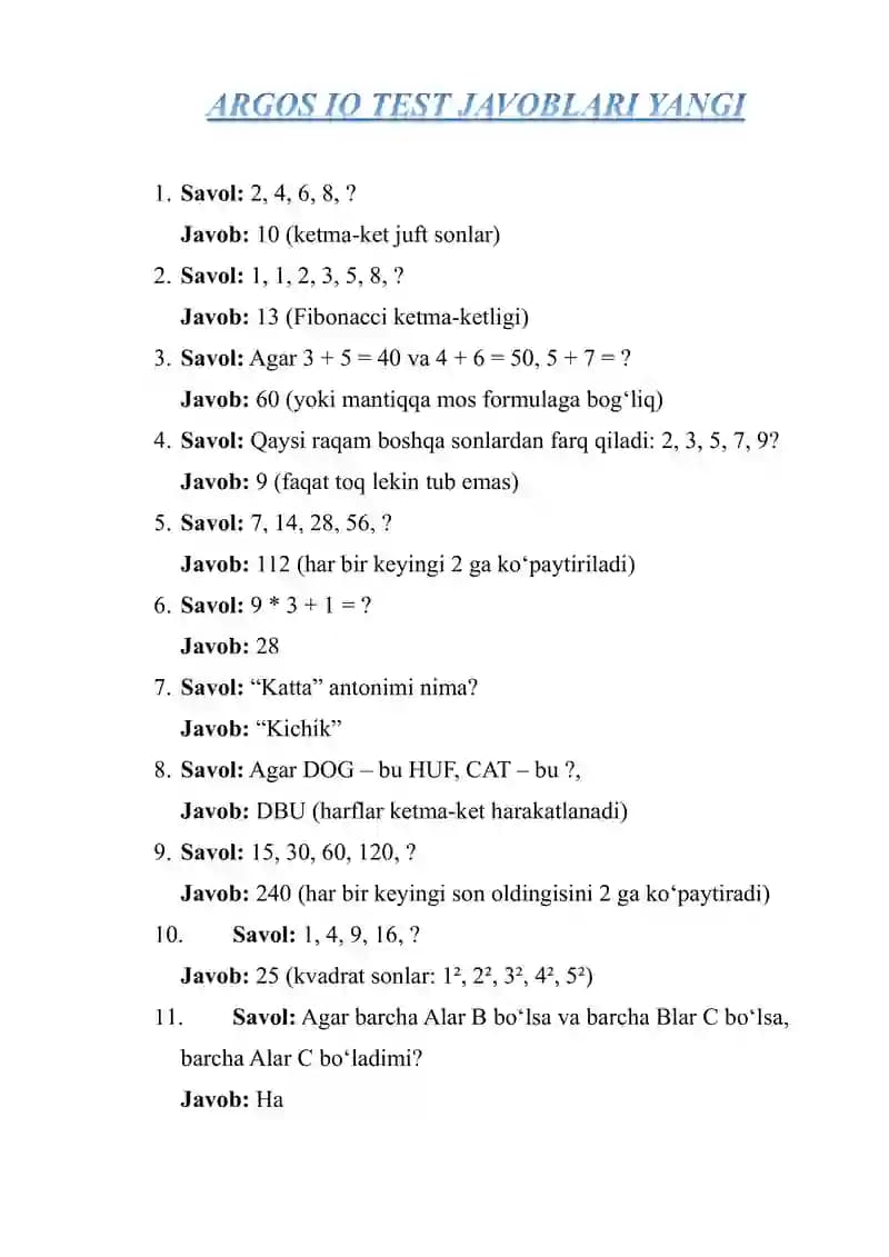 ARGOS IQ TEST JAVOBLARI YANGI