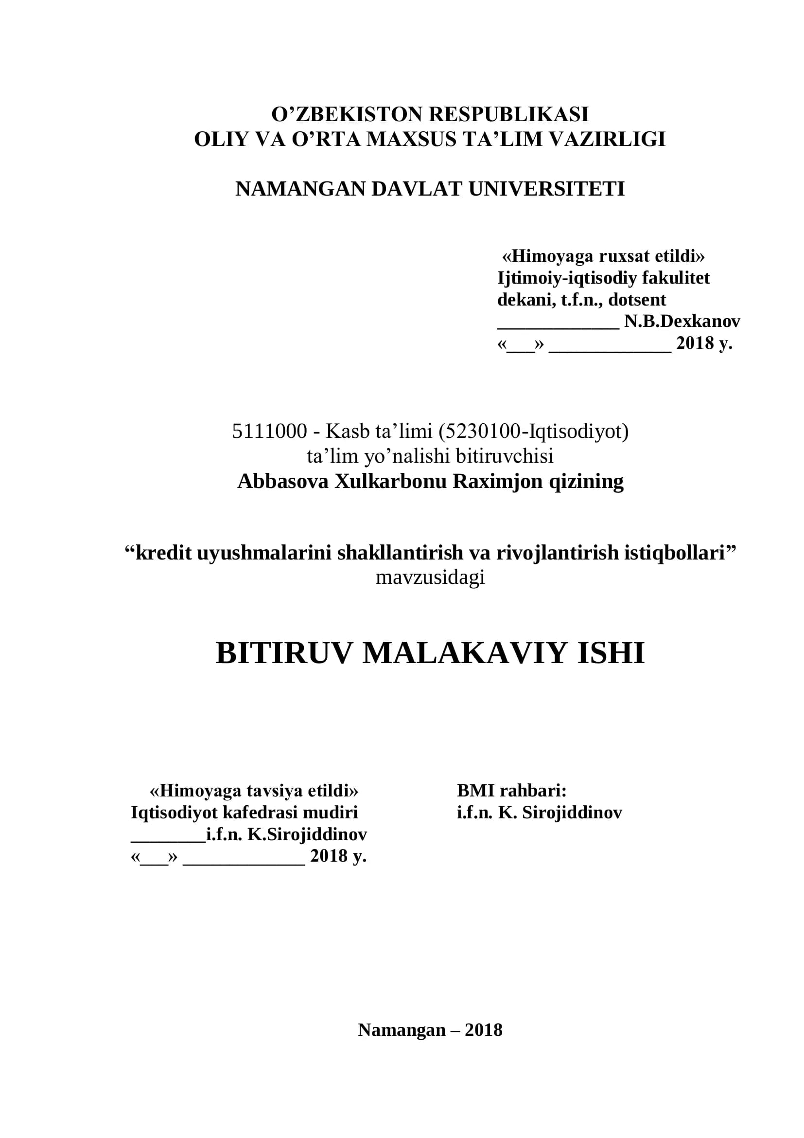 Kredit uyushmalarini shakllantirish va rivojlantirish istiqbollari