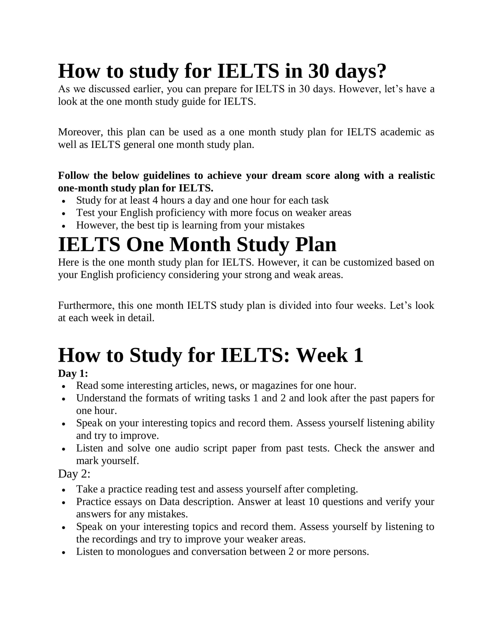 IELTS One Month Study Plan
