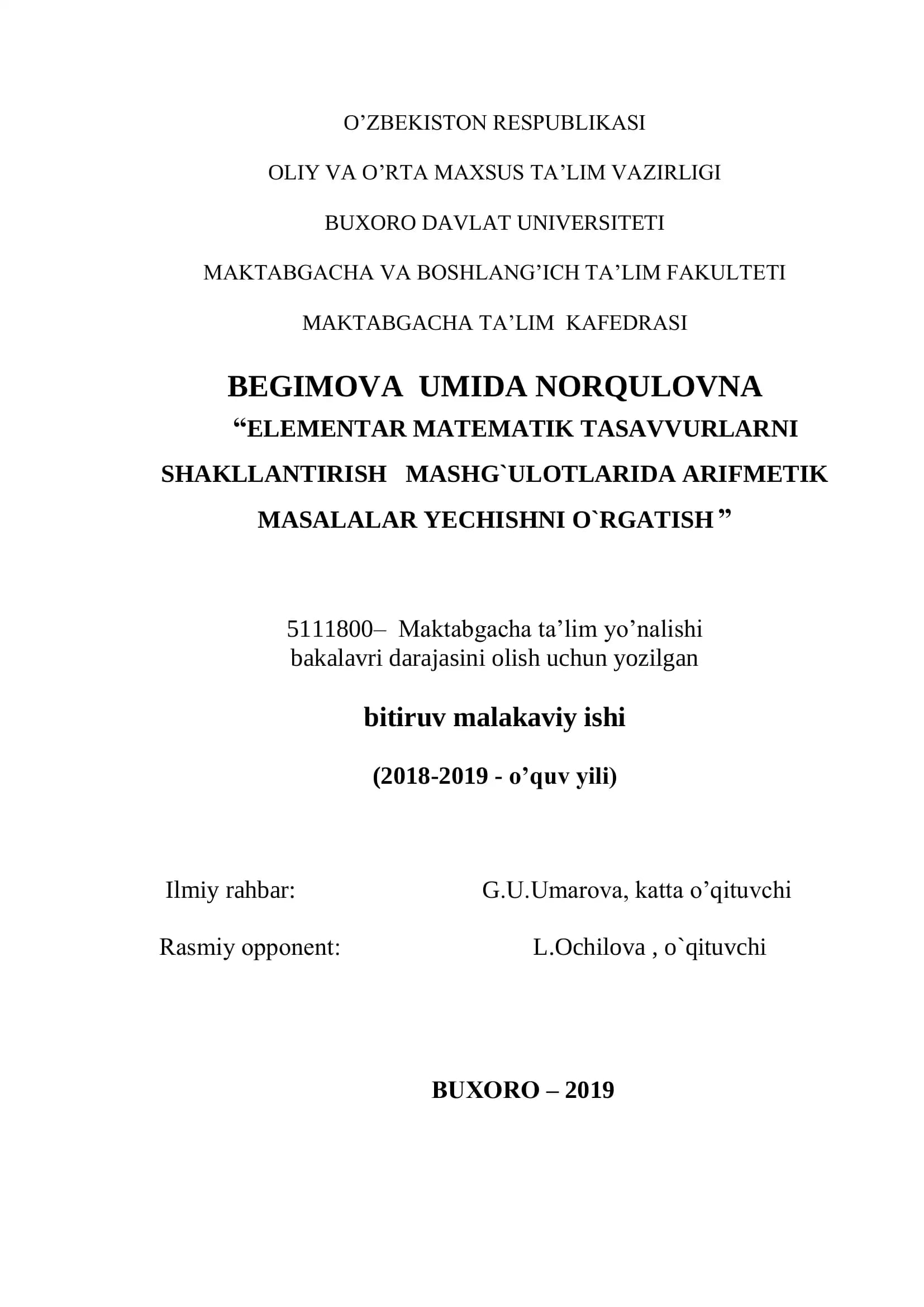 ELEMENTAR MATEMATIK TASAVVURLARNI SHAKLLANTIRISH MASHG`ULOTLARIDA ARIFMETIK MASALALAR YECHISHNI O`RGATISH