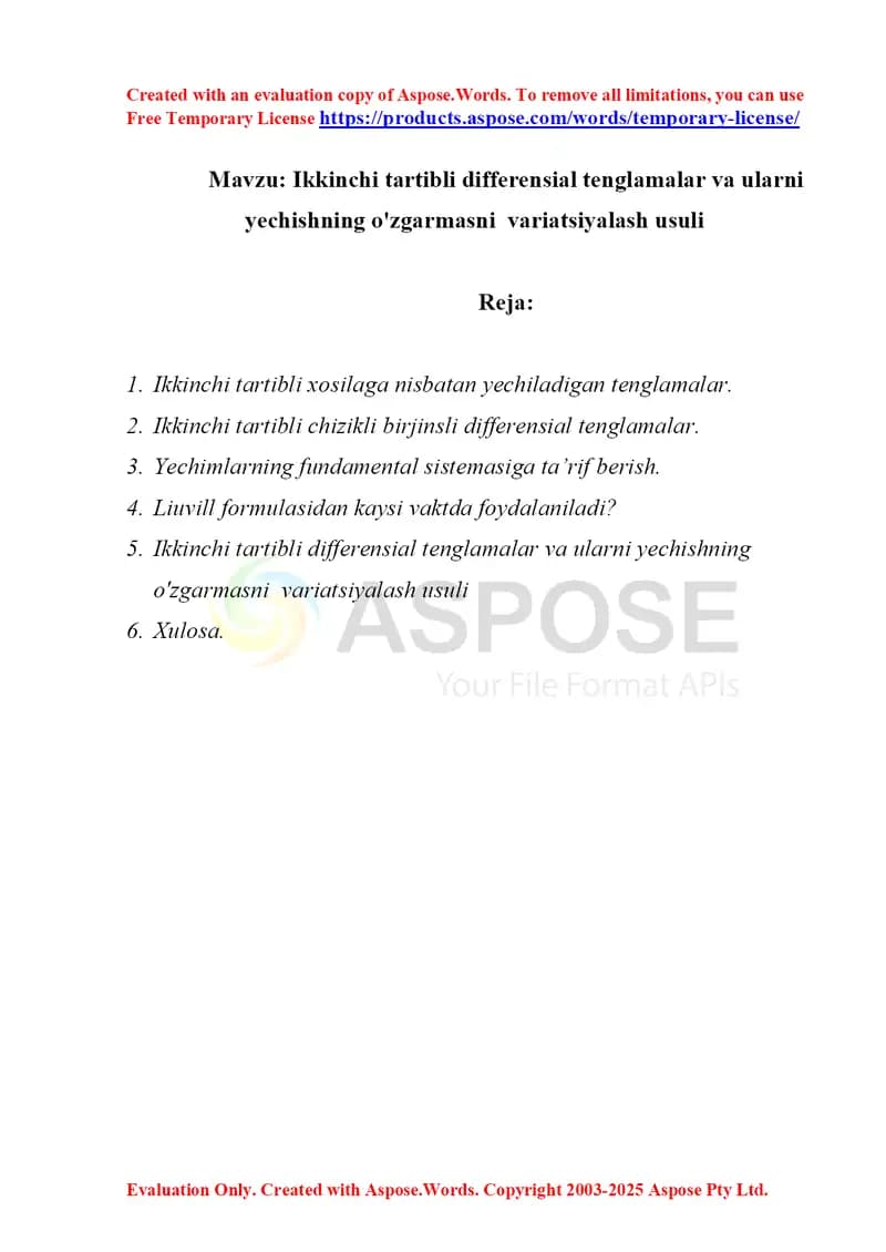 Ikkinchi tartibli differensial tenglamalar va ularni yechishning o'zgarmasni  variatsiyalash usuli
