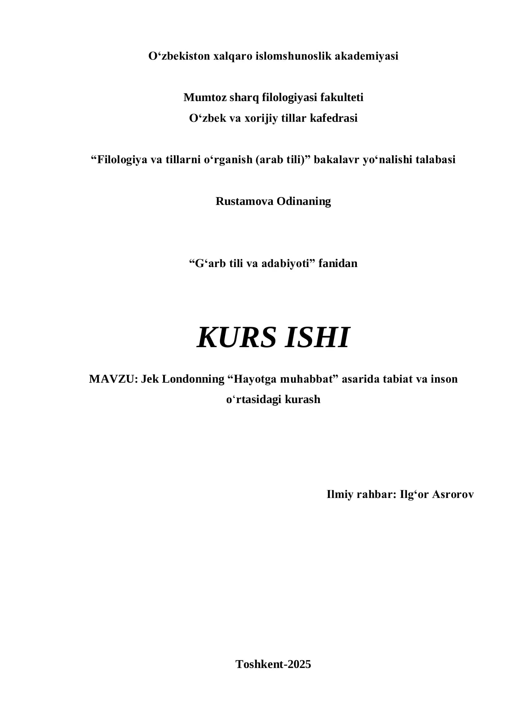 Filologiya va tillarni o‘rganish (arab tili) kurs ishi