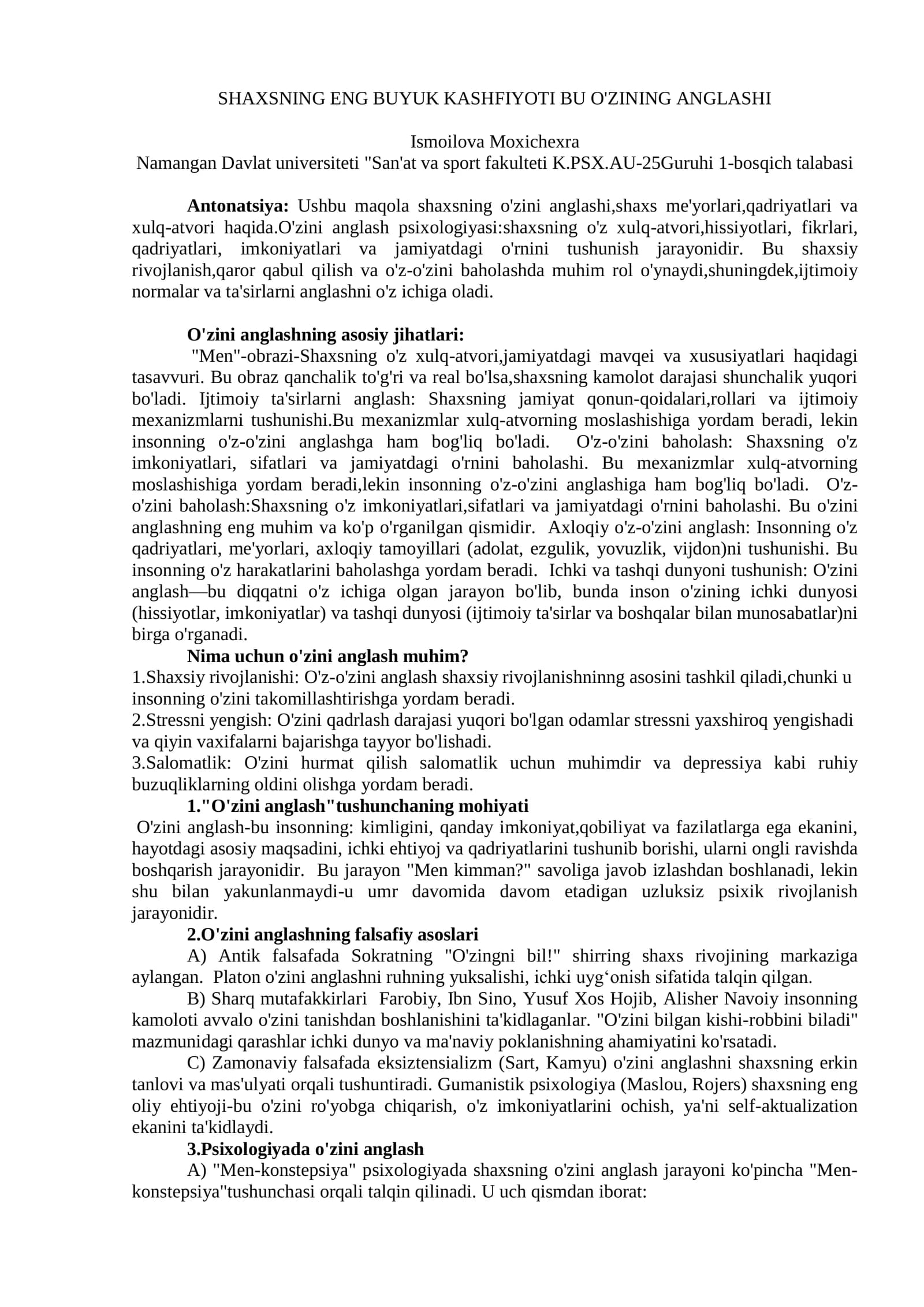 Shaxsning eng buyuk kashfiyoti – bu o‘zini anglashi (namuna maqola)