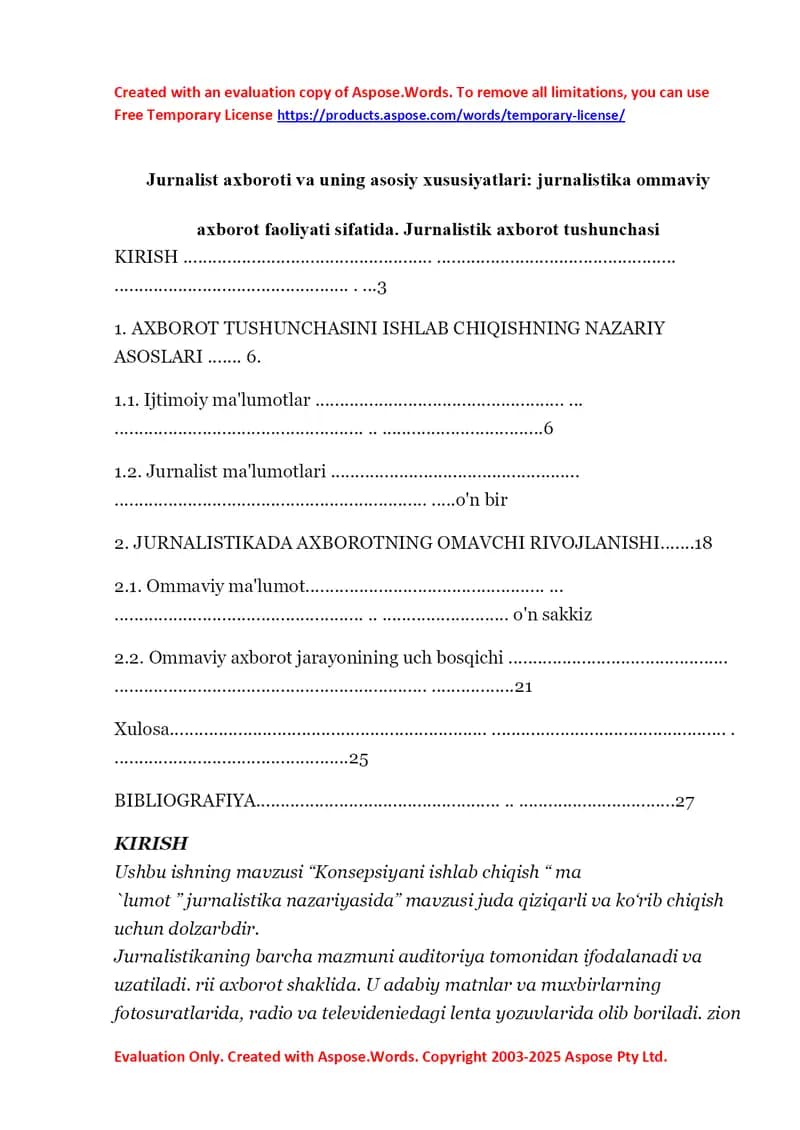 Jurnalist axboroti va uning asosiy xususiyatlari jurnalistika ommaviy axborot faoliyati sifatida. Jurnalistik axborot tushunchasi