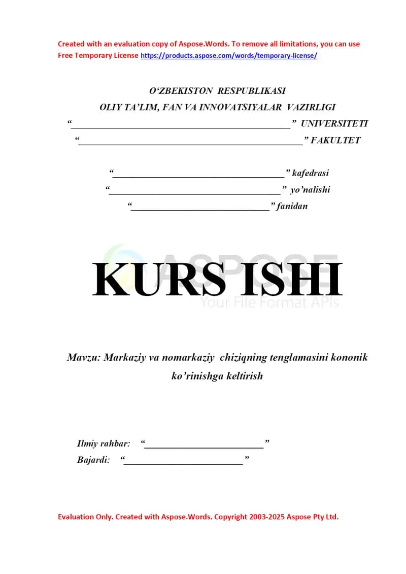 Markaziy va nomarkaziy  chiziqning tenglamasini kononik ko’rinishga keltirish kurs ishi