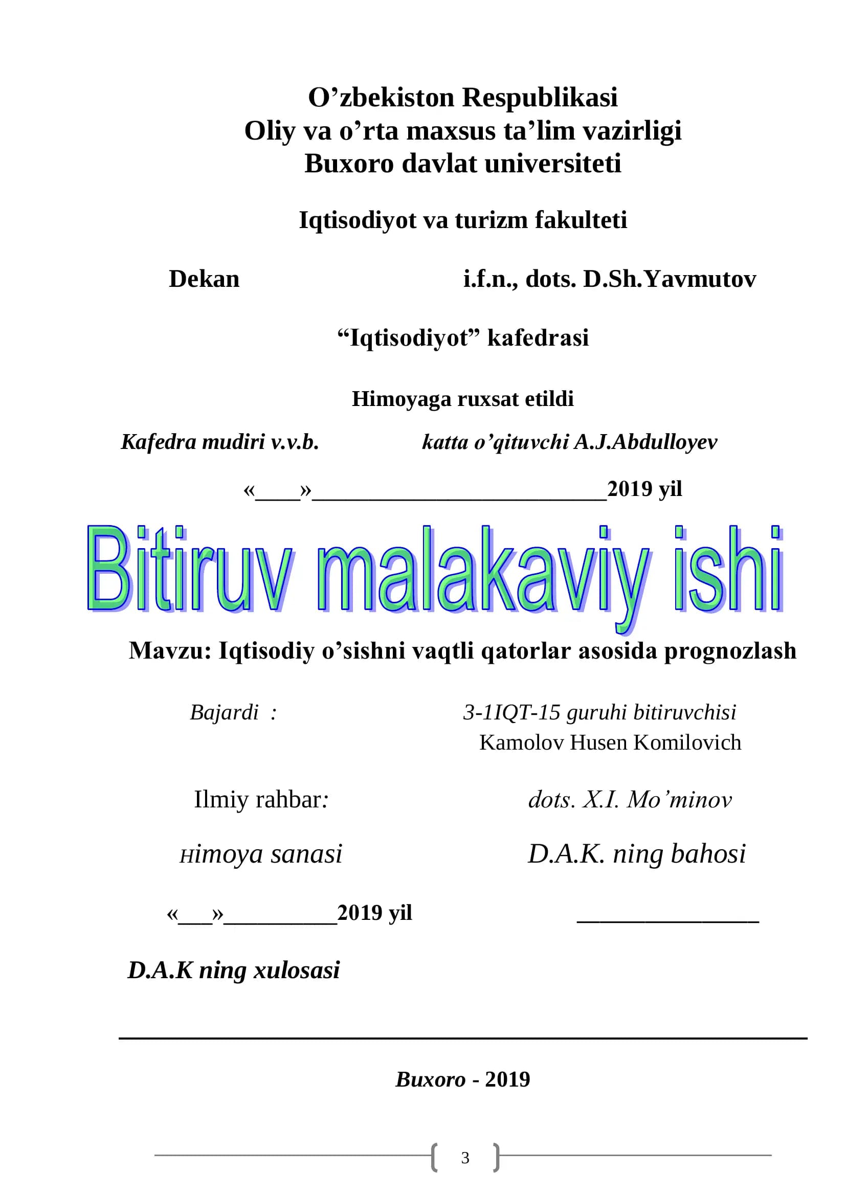 Iqtisodiy o’sishni vaqtli qatorlar asosida prognozlash