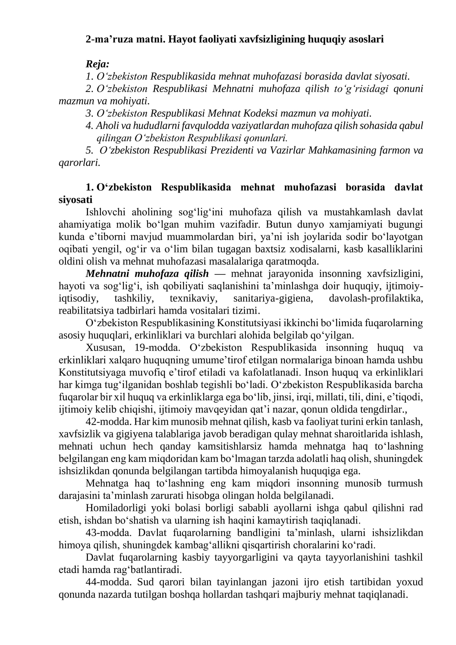 Hayot faoliyati xavfsizligining huquqiy asoslari