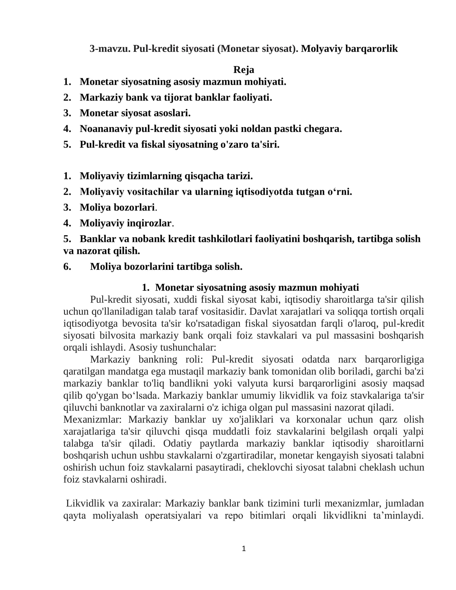 Pul-kredit siyosati (Monetar siyosat). Molyaviy barqarorlik
