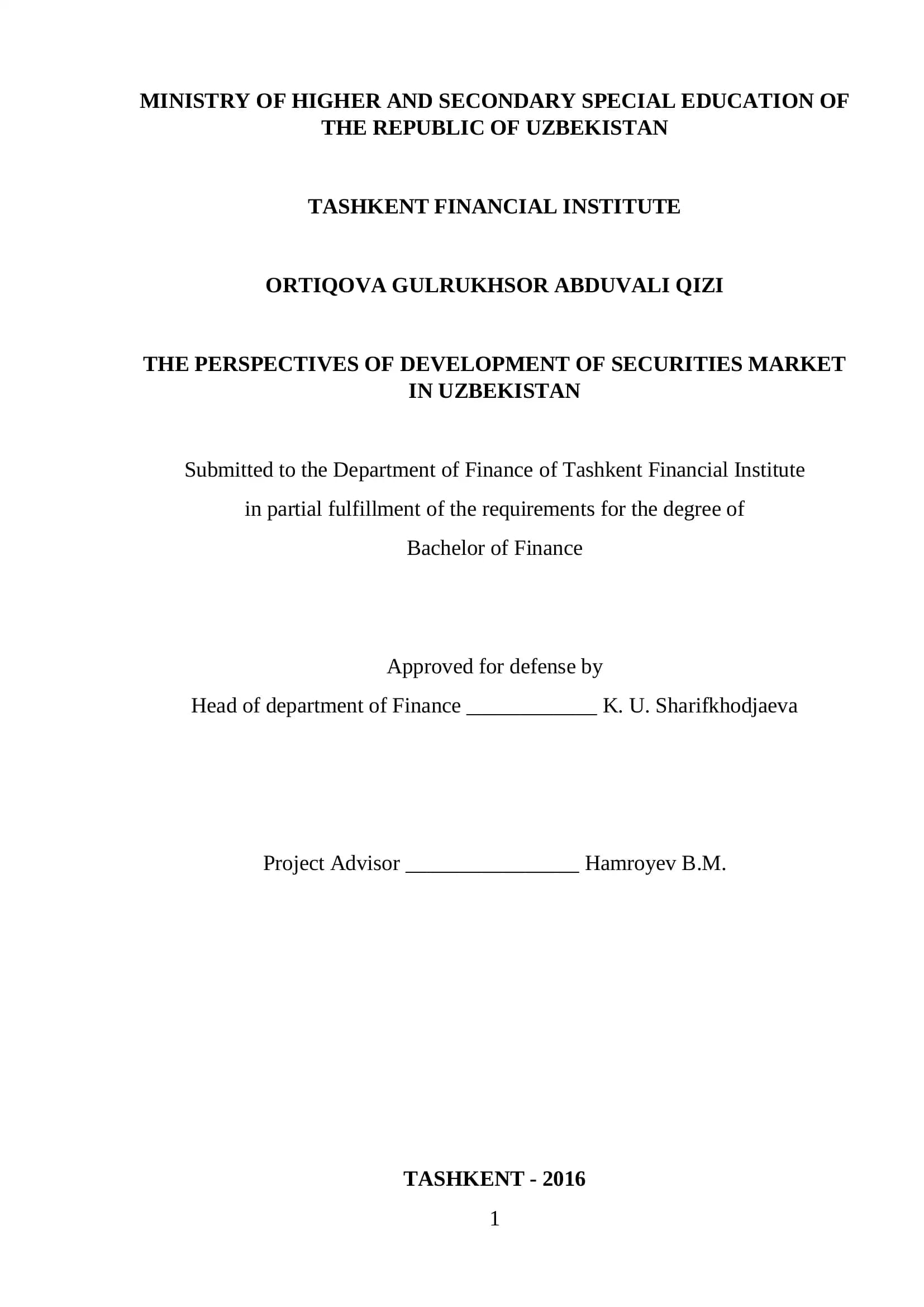 THE PERSPECTIVES OF DEVELOPMENT OF SECURITIES MARKET IN UZBEKISTAN