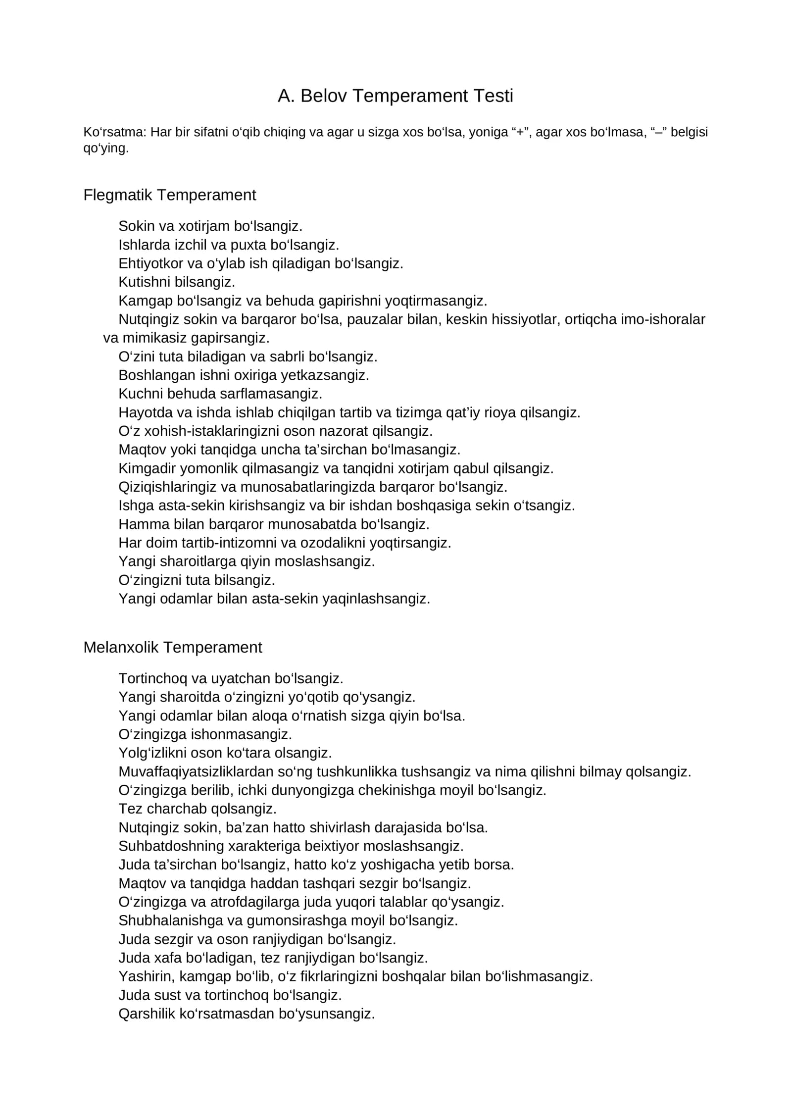 A. Belov Temperament Testi