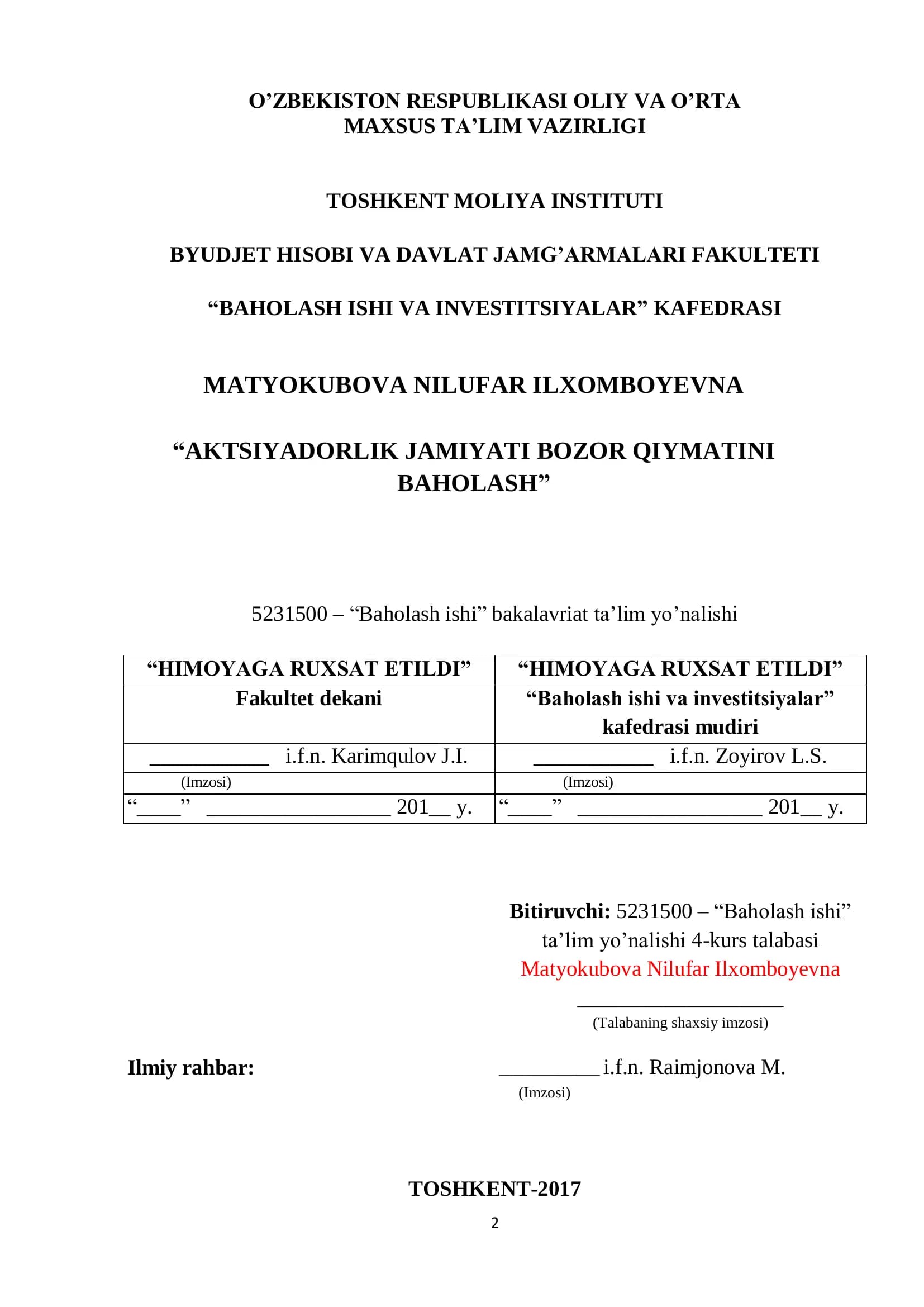 Baholash ishi va investitsiyalar