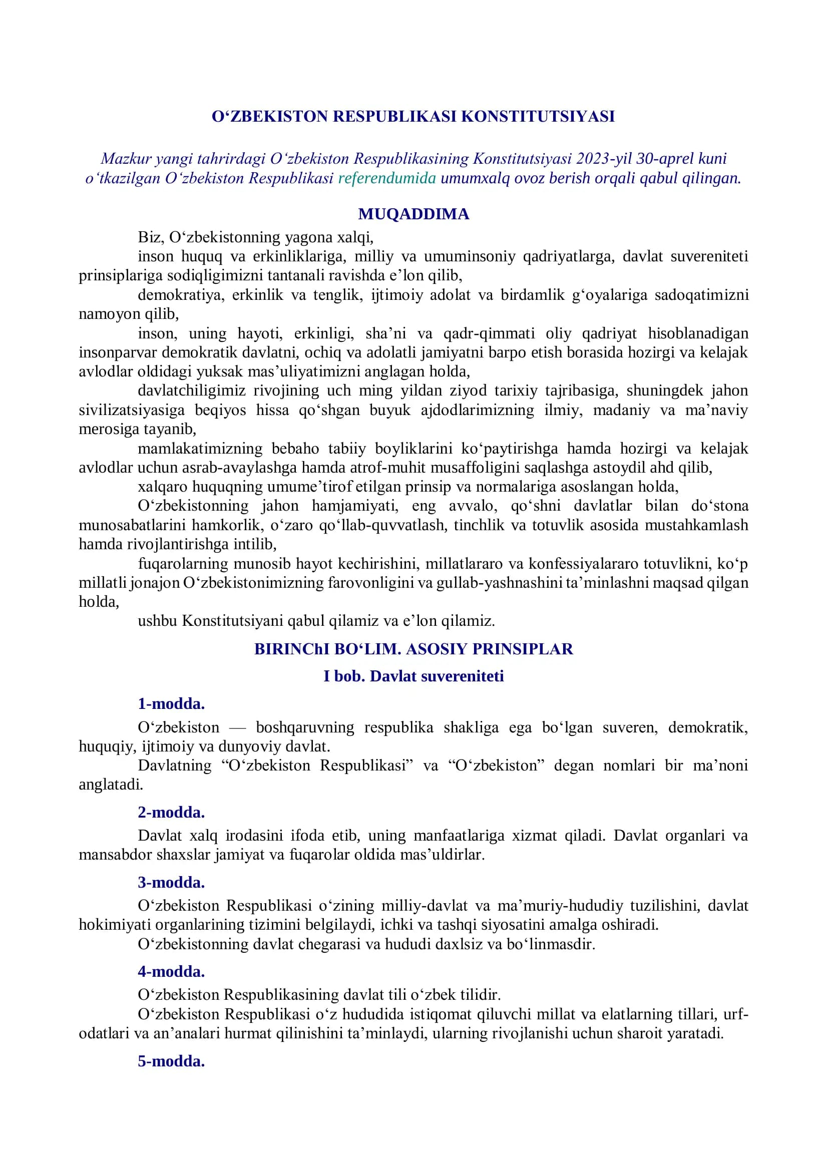 O‘ZBEKISTON RESPUBLIKASI KONSTITUTSIYASI