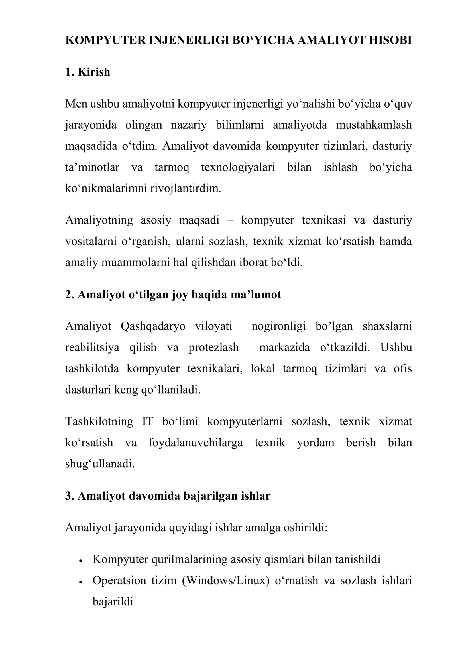KOMPYUTER INJENERLIGI BO‘YICHA AMALIYOT HISOBI