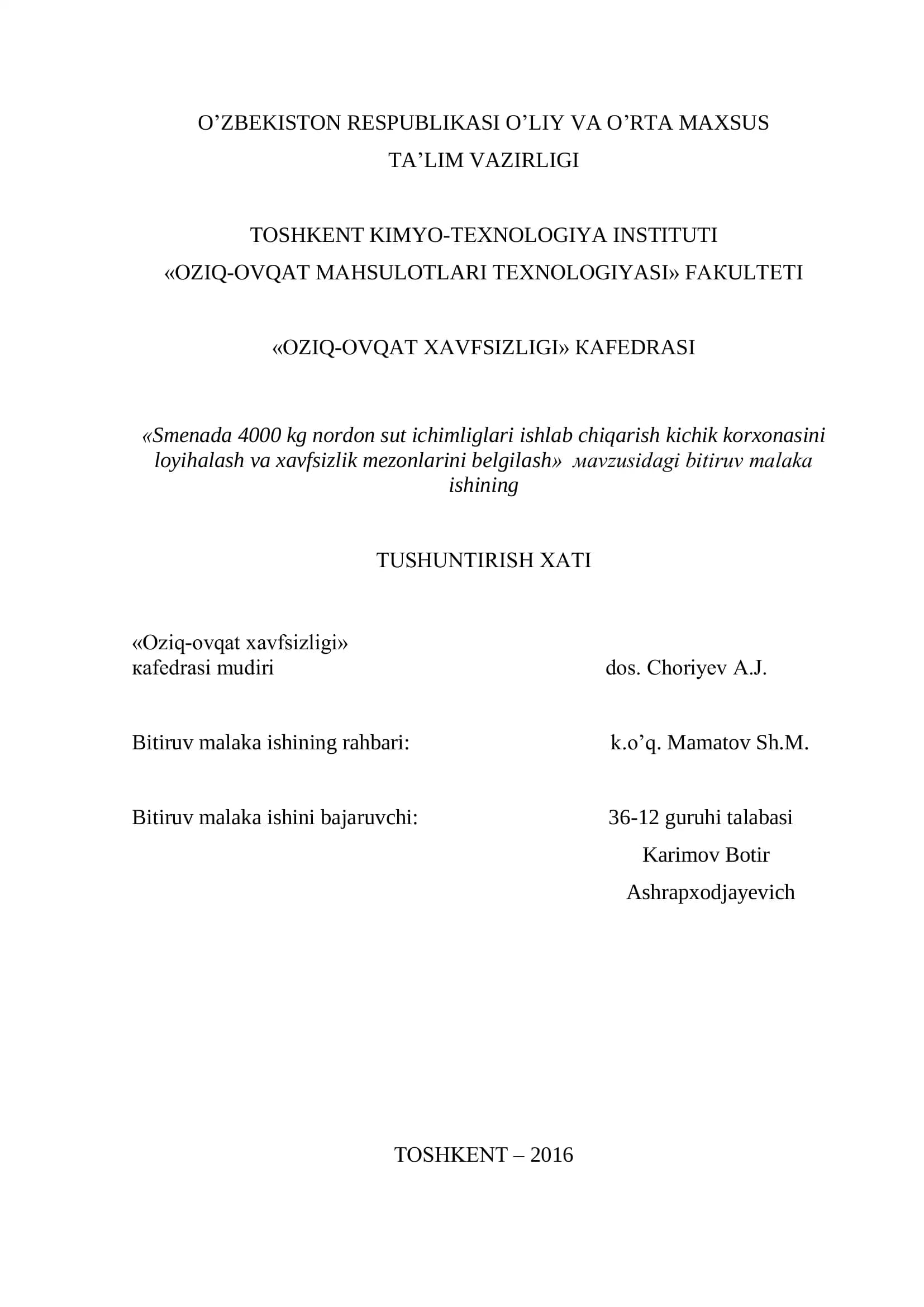 OZIQ-OVQAT MAHSULOTLARI TEXNOLOGIYASI