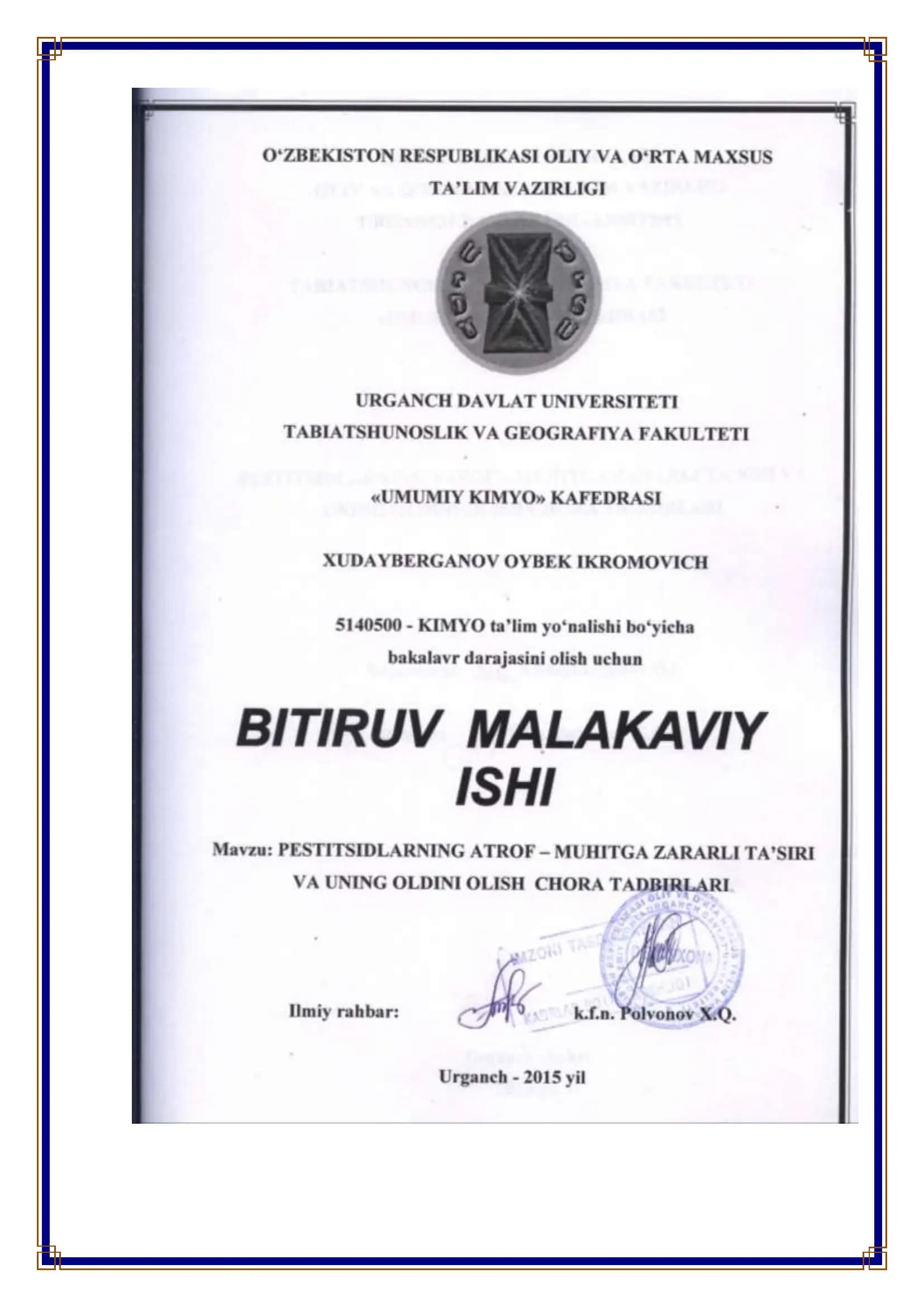 Pestitsidlarning atrof – muhitga zararli ta’siri va uning oldini olish chora tadbirlari