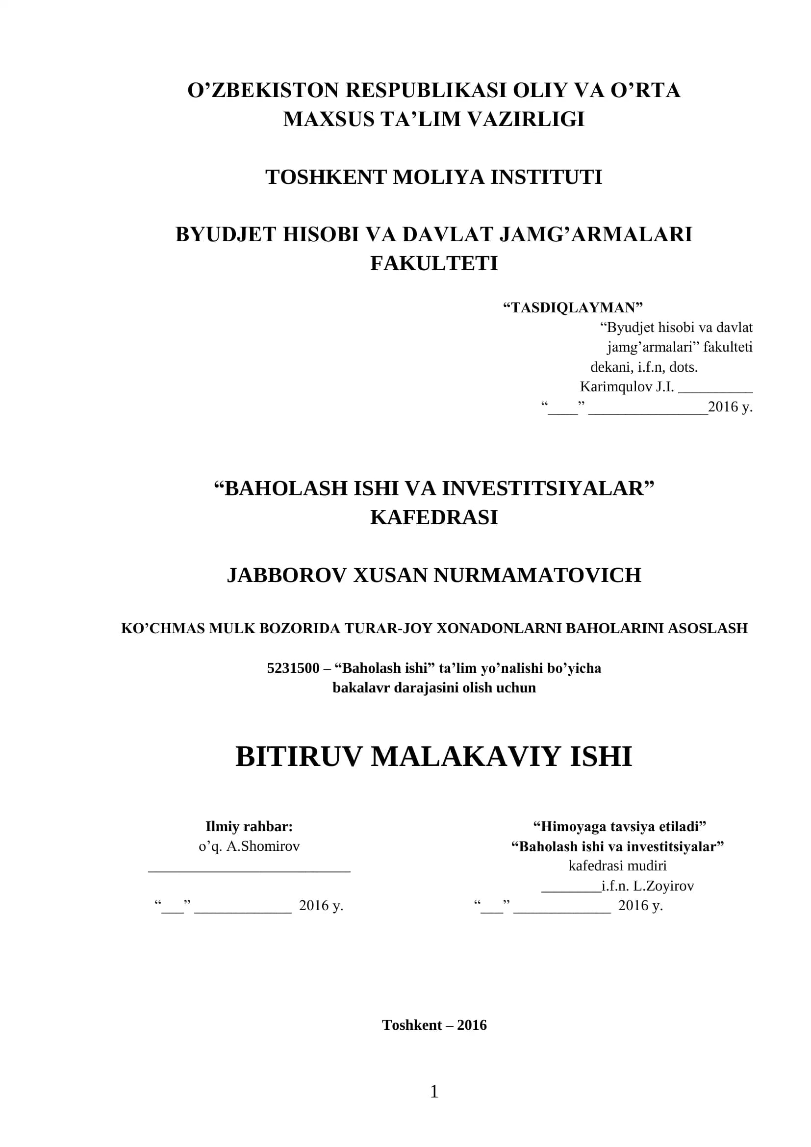 Baholash ishi va investitsiyalar