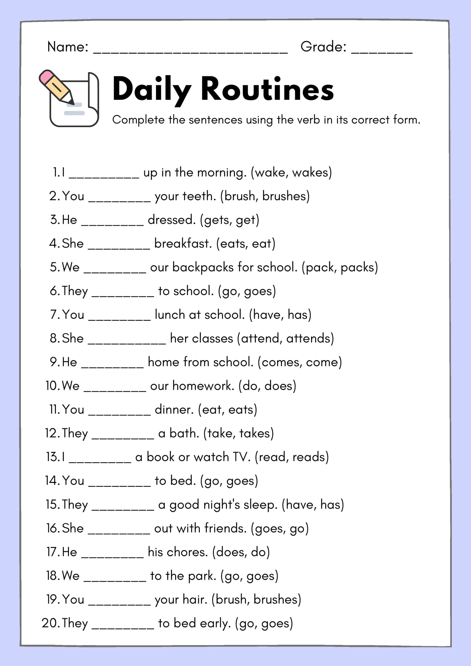 Ingliz tili: Daily Routines (Kundalik yumushlar) — Grammatika va Lug‘at mashqi (A4 PDF)