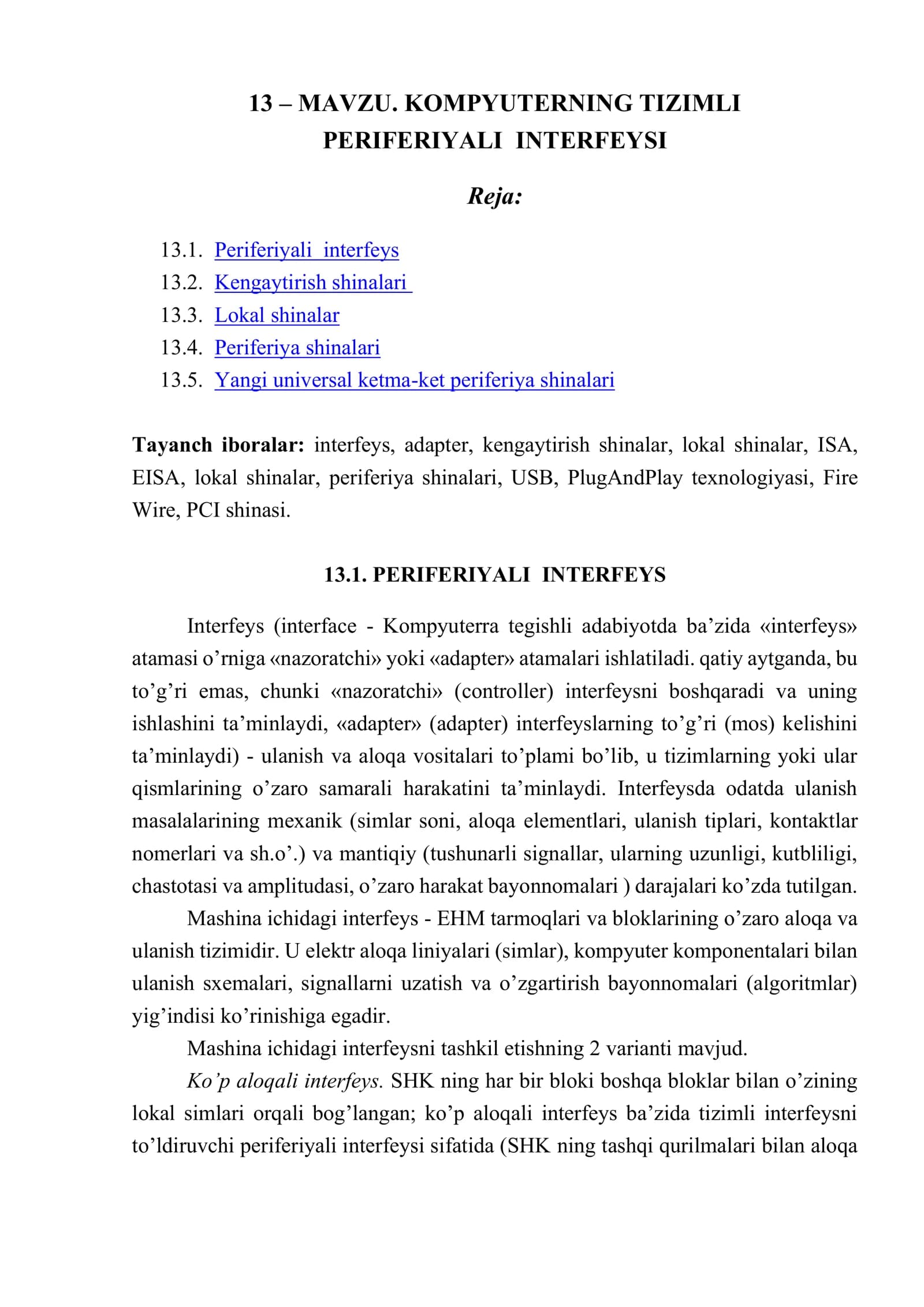 KOMPYUTERNING TIZIMLI PERIFERIYALI INTERFEYSI