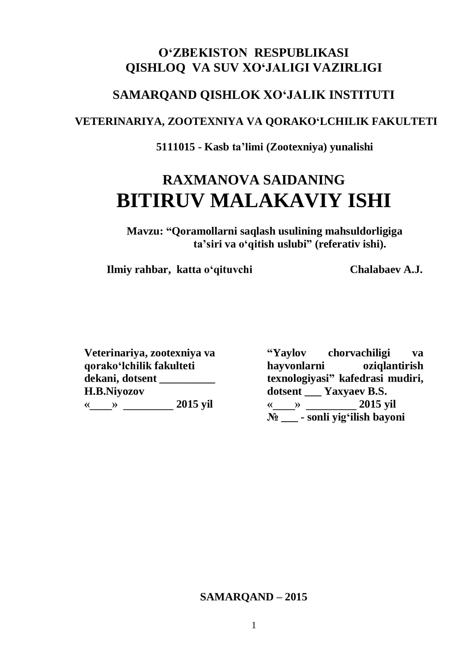 "Qoramollarni saqlash usulining mahsuldorligiga ta‟siri va o„qitish uslubi"