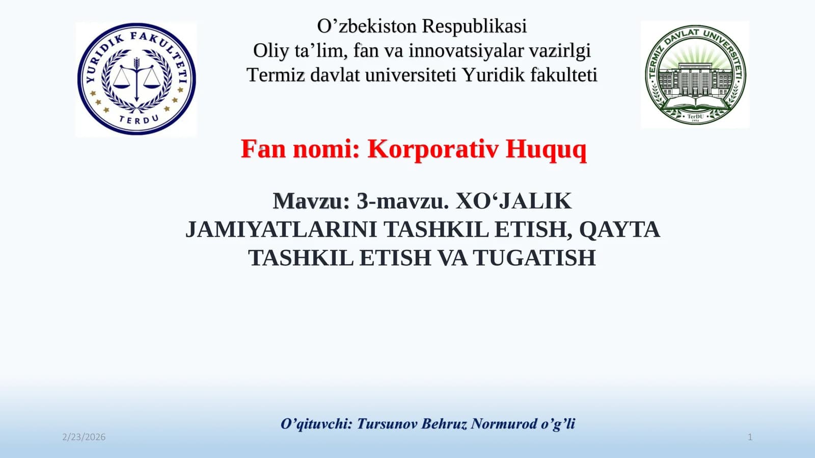 XO‘JALIK JAMIYATLARINI TASHKIL ETISH, QAYTA TASHKIL ETISH VA TUGATISH