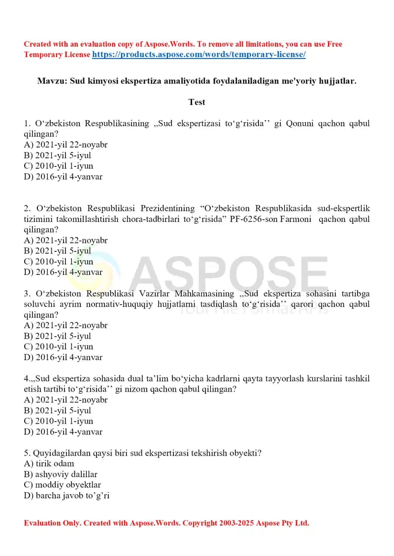 1. Sud kimyosi ekspertiza amaliyotida foydalaniladigan me'yoriy hujjatlar. Test 20 ta