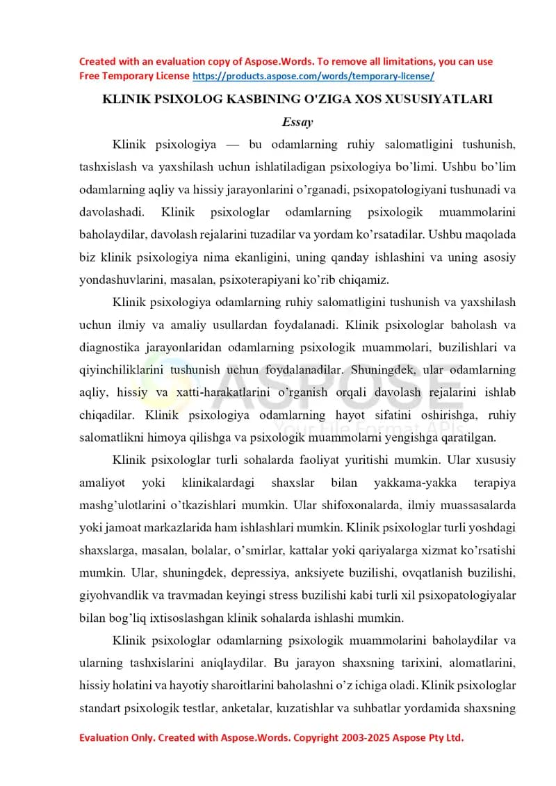 Klinik psixolog kasbinining o‘ziga xos xususiyatlari