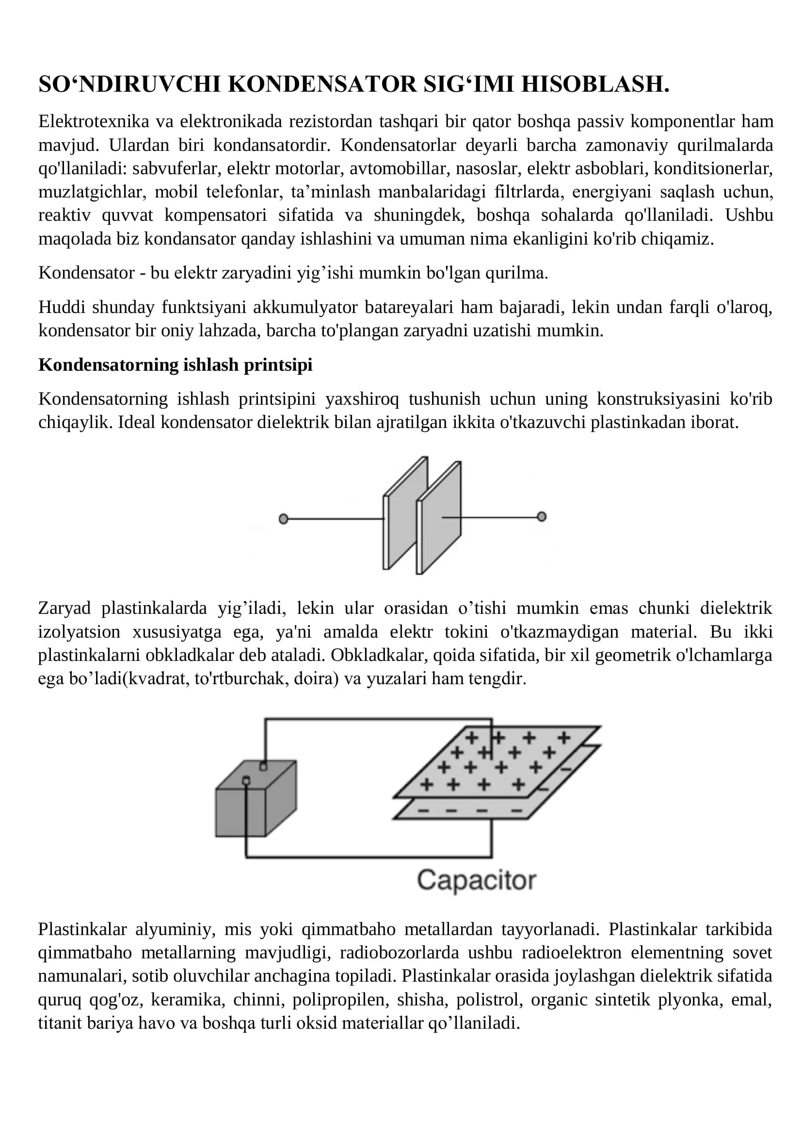 SO‘NDIRUVCHI KONDENSATOR SIG‘IMI HISOBLASH