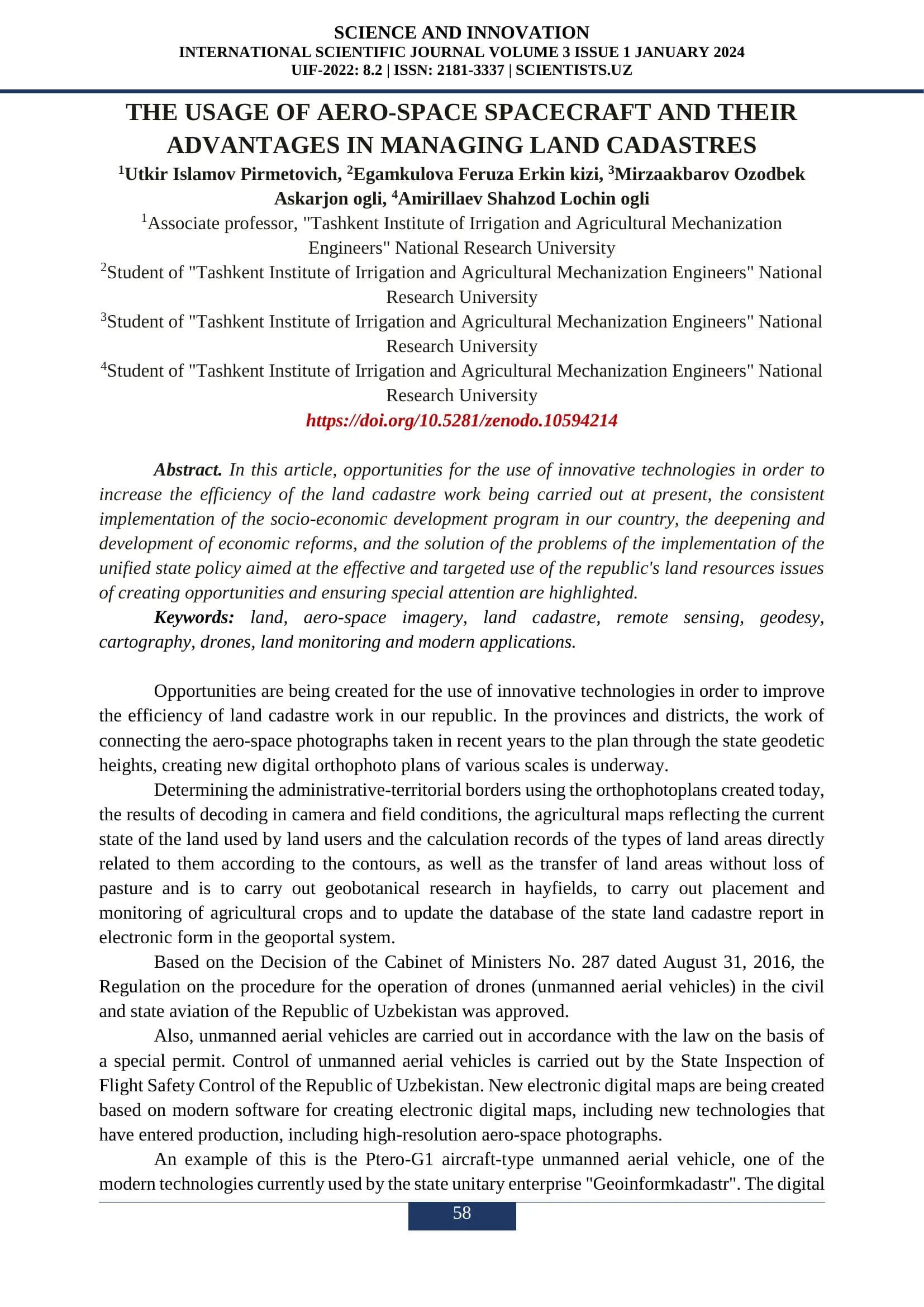 The Usage of Aero-Space Spacecraft and Their Advantages in Managing Land Cadastres