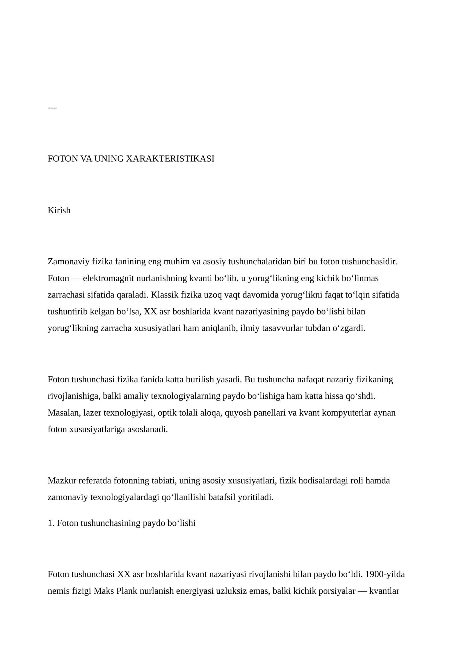 Foton va uning xarakteristikasi
