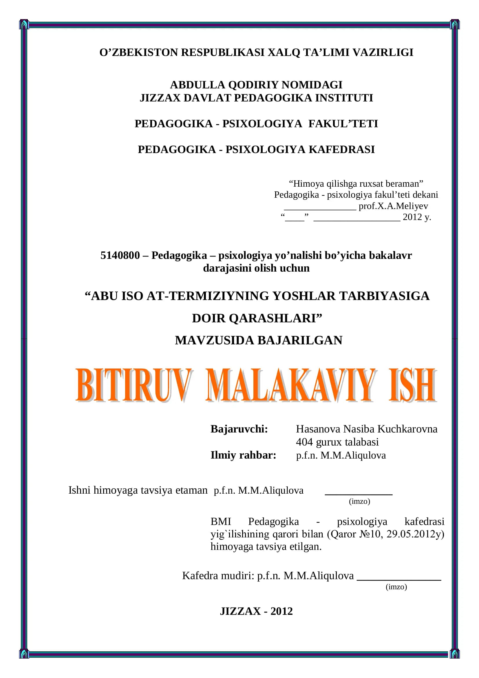 ABU ISO AT-TERMIZIYNING YOSHLAR TARBIYASIGA DOIR QARASHLARI