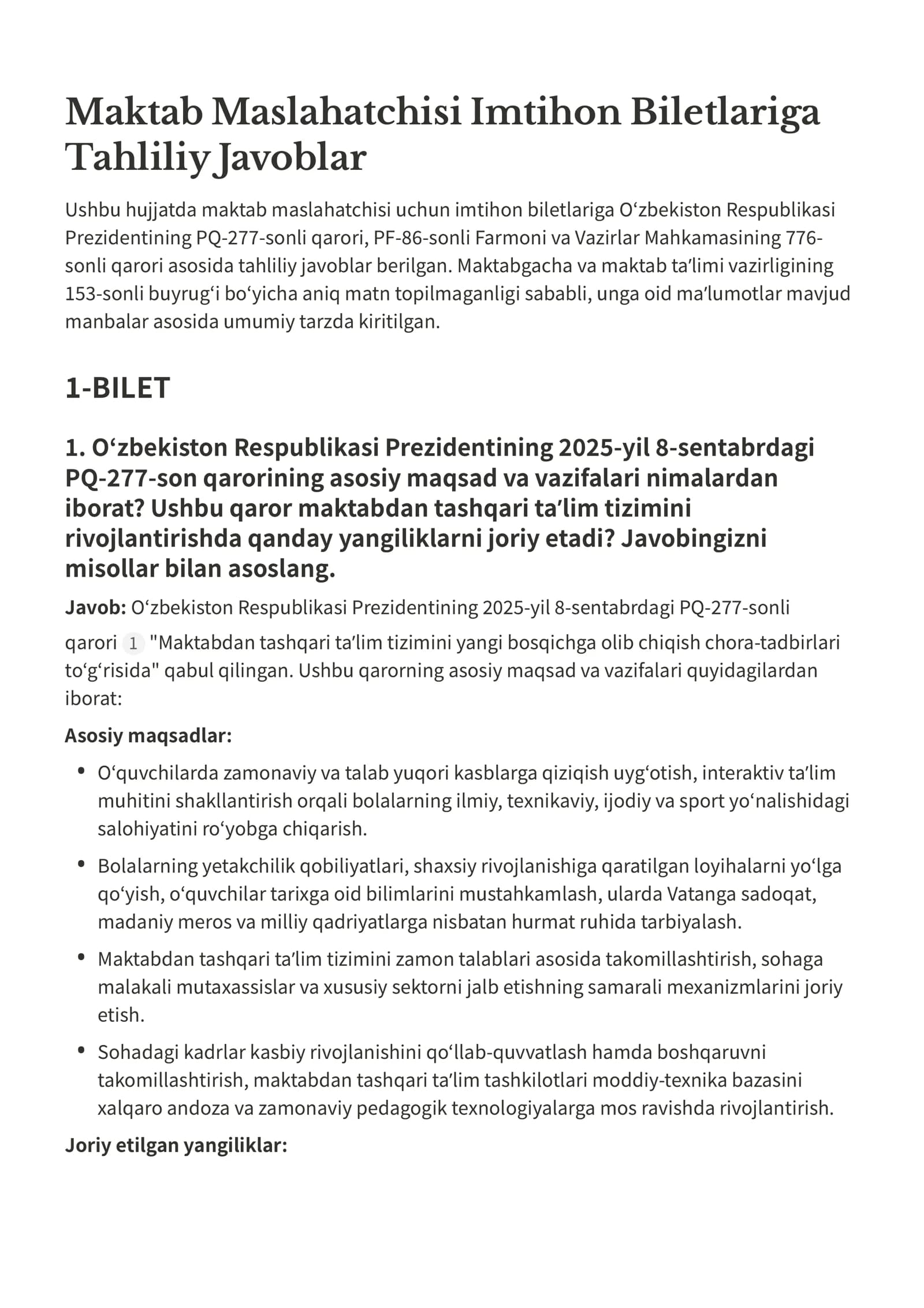 Maktab Maslahatchisi Imtihon Biletlariga Javoblar