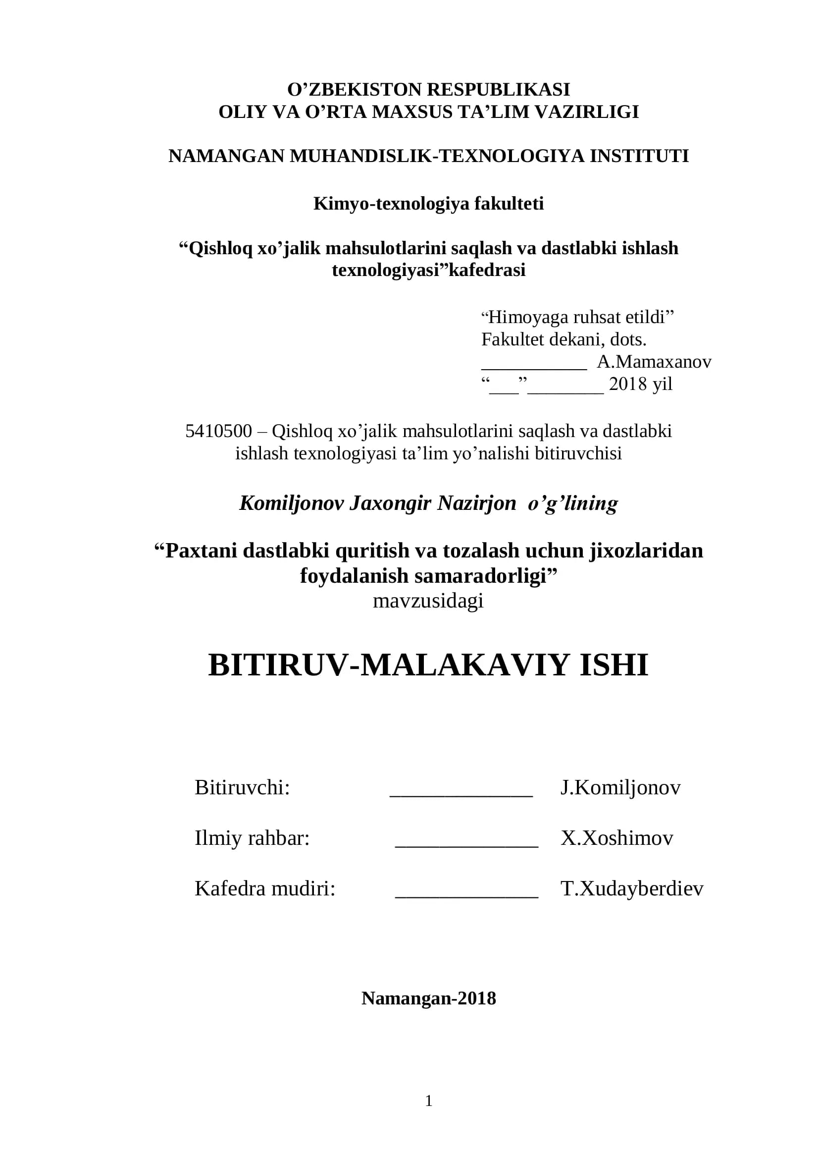 Qishloq xo'jalik mahsulotlarini saqlash va dastlabki ishlash texnologiyasi