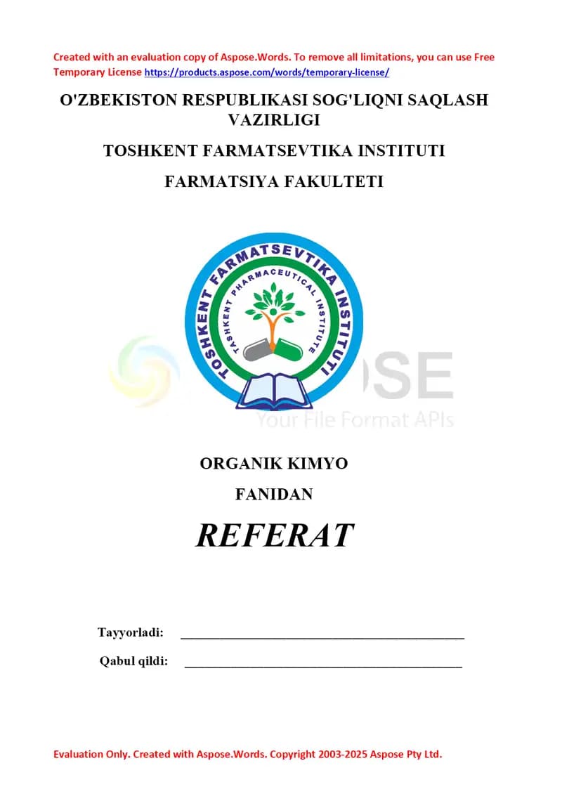 8. Organik galogen birikmalarning olinish usullari. Referat 12 bet