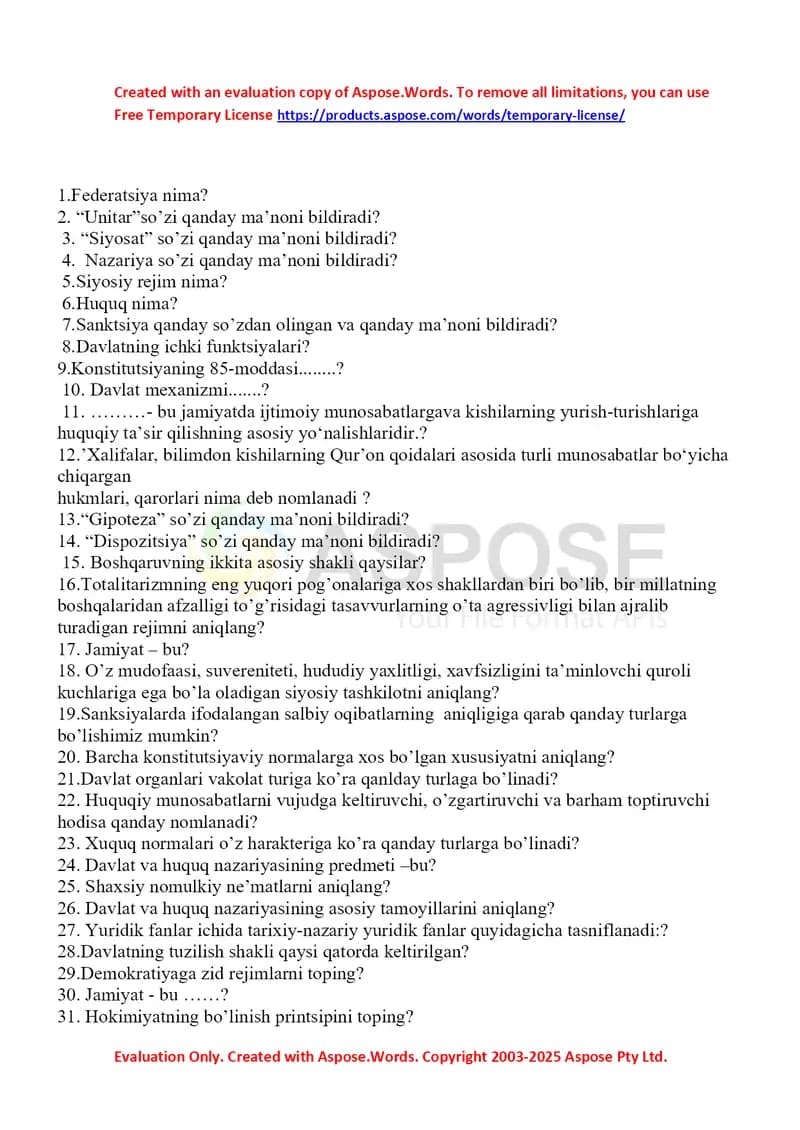 Davlat va huquq nazariyasi amaliy savollar to‘plami