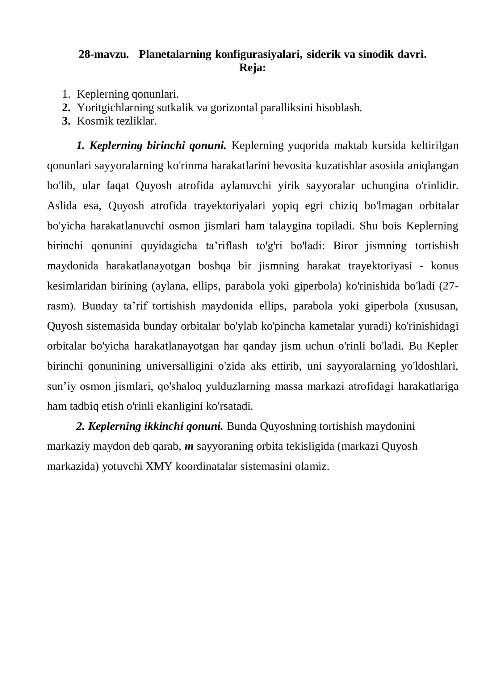 28-mavzu. Planetalarning konfigurasiyalari, siderik va sinodik davri