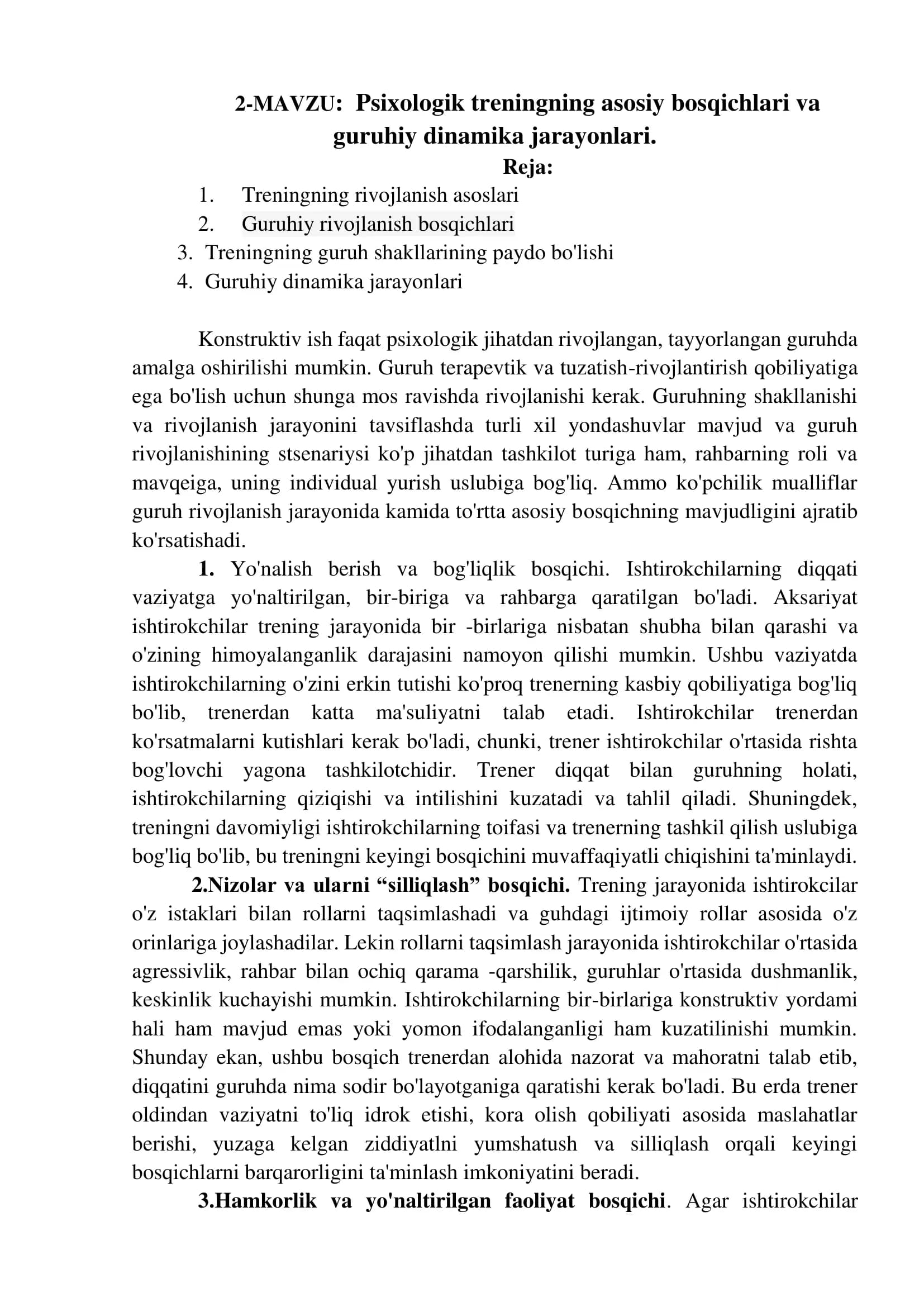 psixologik treningning asosiy bosqichlari
