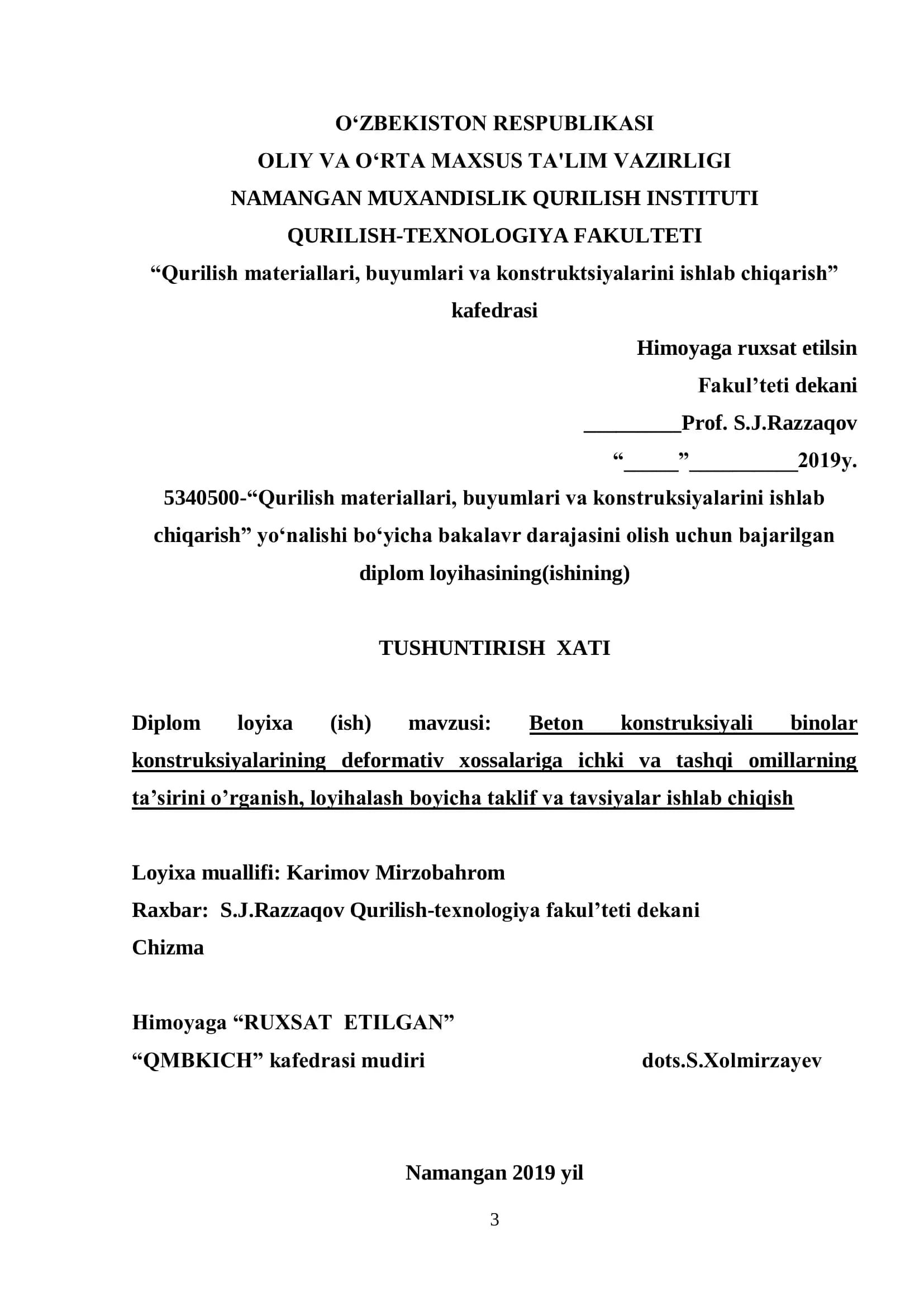 Beton konstruksiyali binolar konstruksiyalarining deformativ xossalariga ichki va tashqi omillarning ta‟sirini o‟rganish