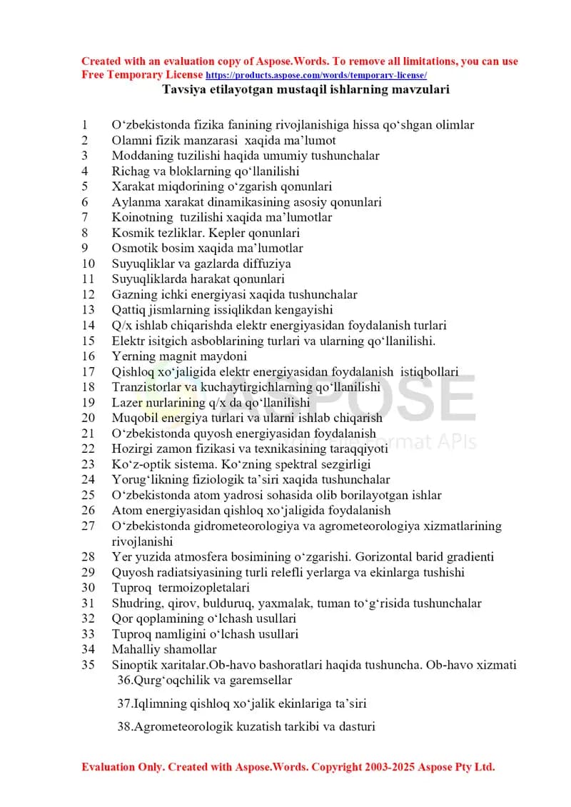 Tavsiya etilayotgan mustaqil ishlarning mavzulari