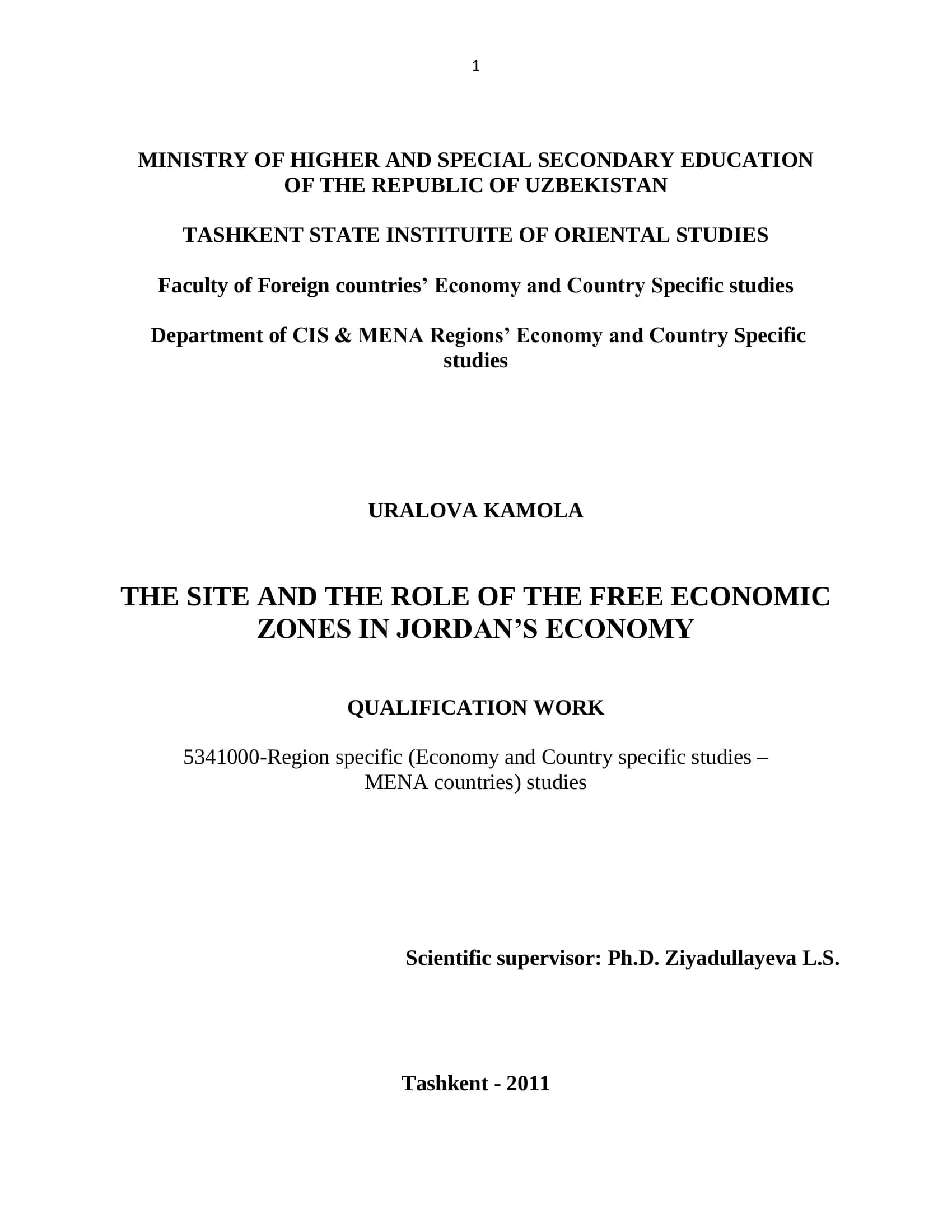THE SITE AND THE ROLE OF THE FREE ECONOMIC ZONES IN JORDAN’S ECONOMY