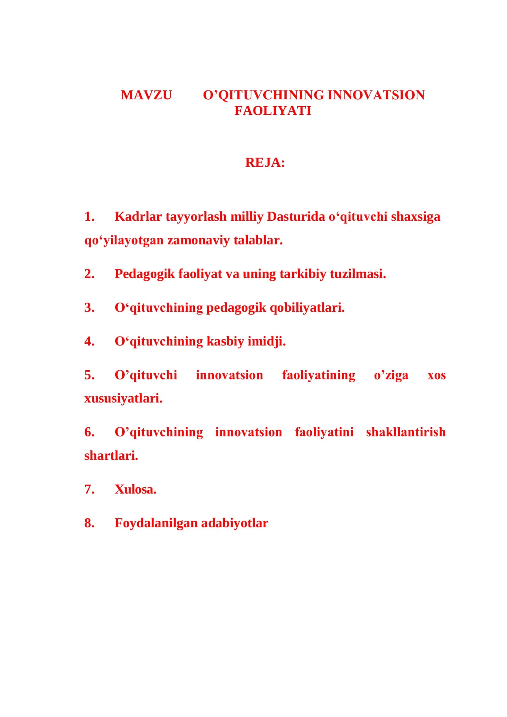 O'QITUVCHINING INNOVATSION FAOLIYATI
