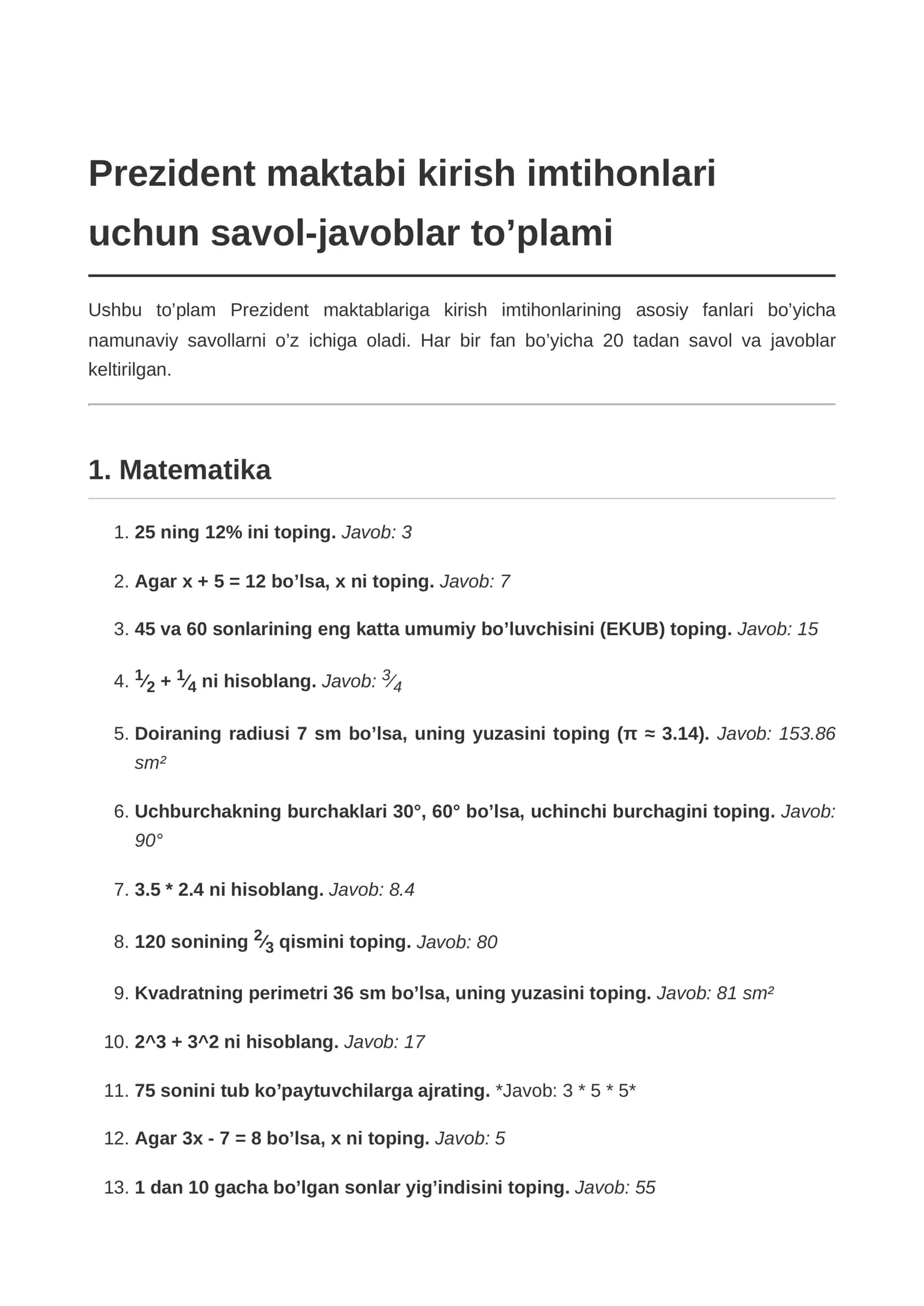 Prezident maktabi kirish imtihonlari savol-javoblar to’plami