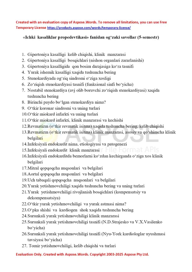 Ichki kasaliklar propedevtikasi fanidan og‘zaki savollar (5-semestr)