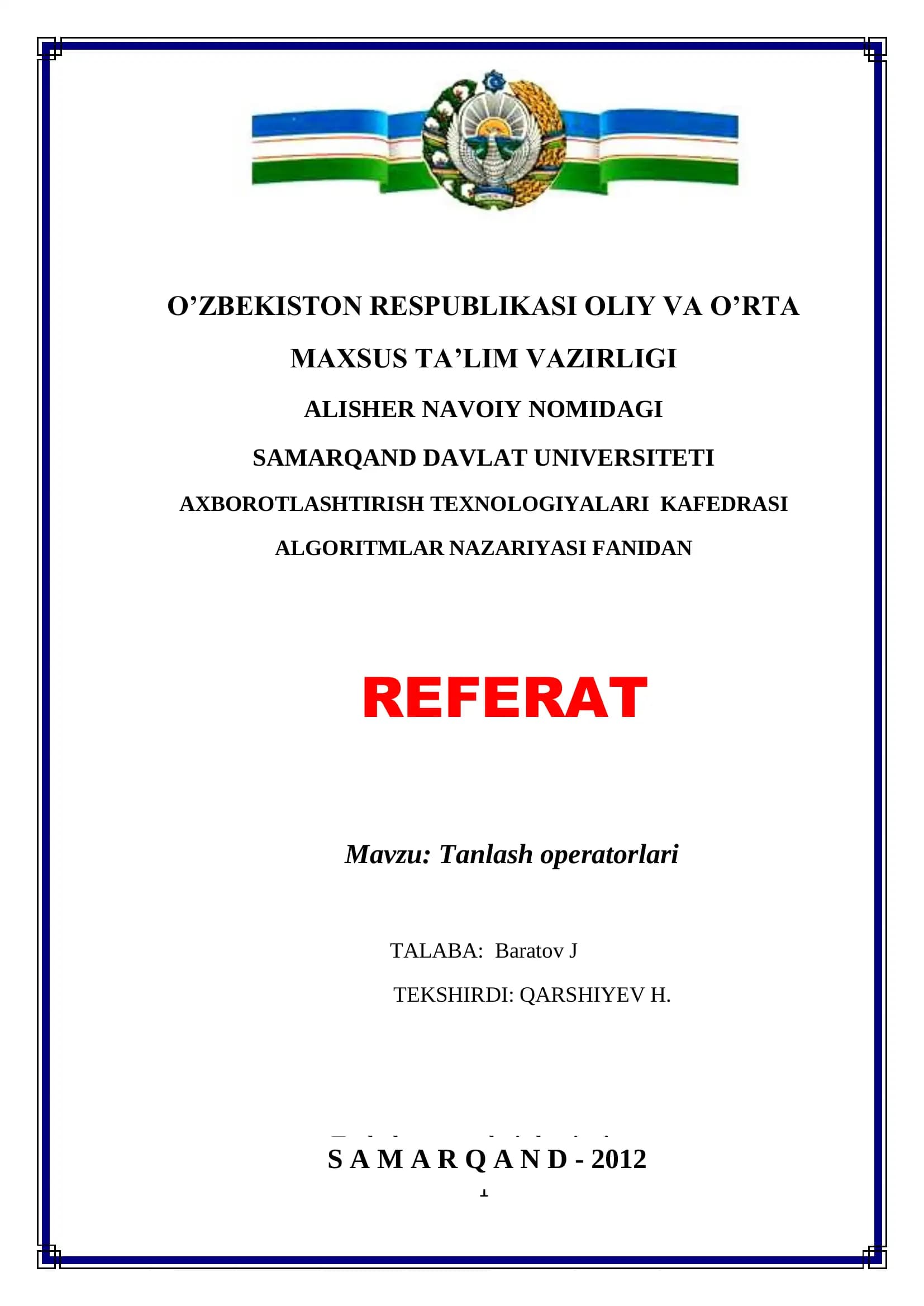 Tanlash operatorlari algoritmi