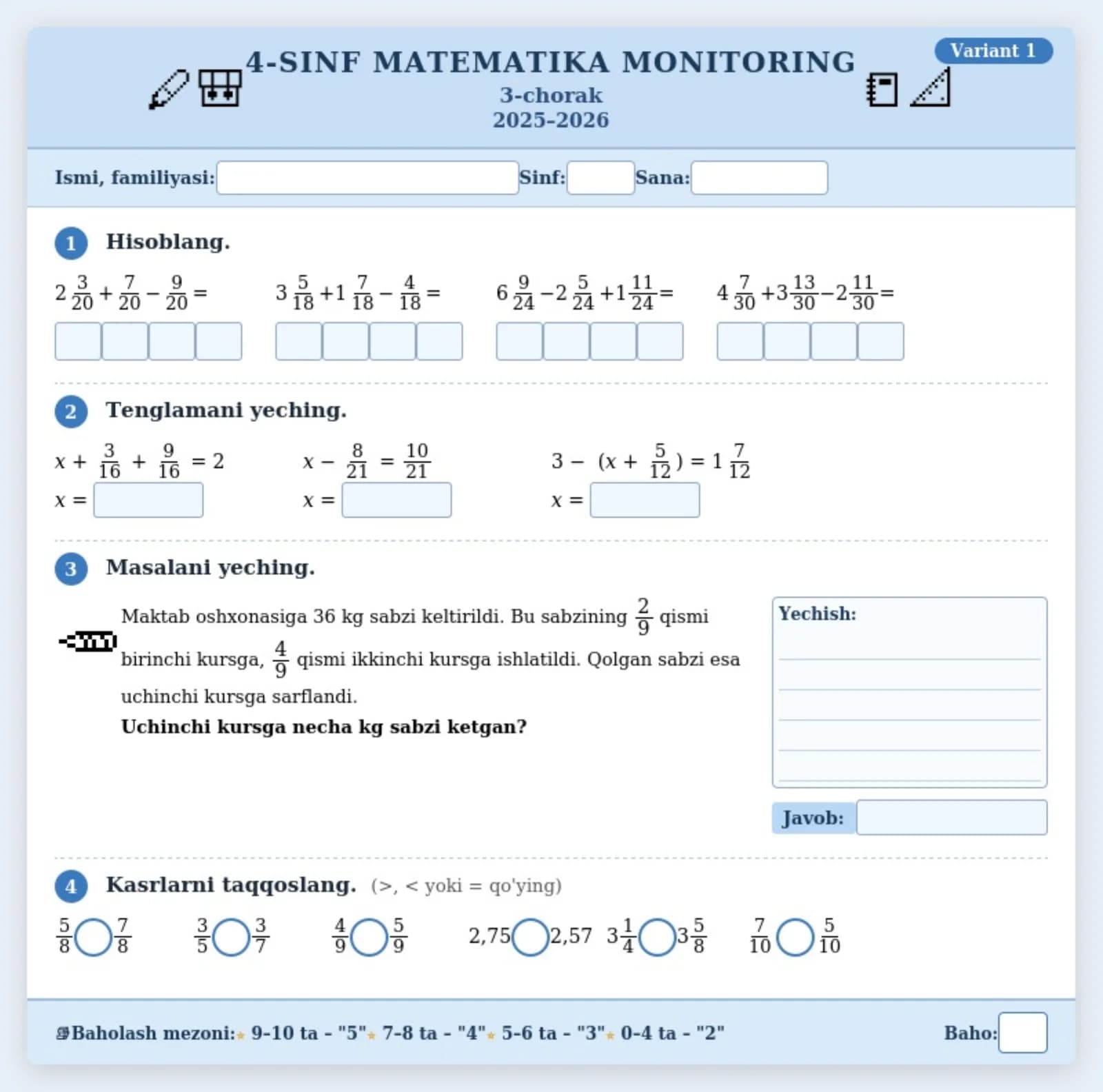 4-sinf o'quvchilariga matematika fanidan monitoring misol va masalalar (30 ta variant).