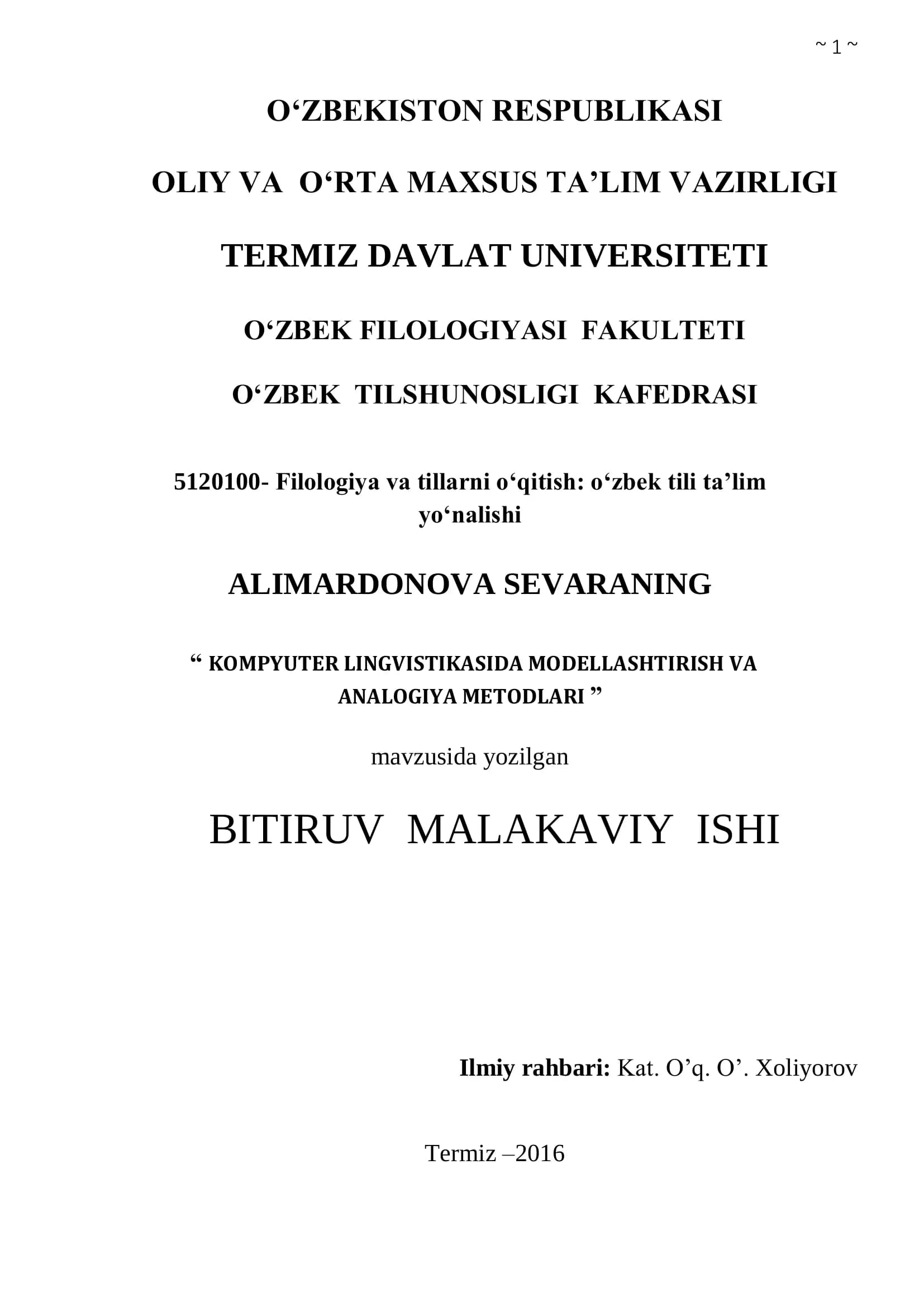 KOMPYUTER LINGVISTIKASIDA MODELLASHTIRISH VA ANALOGIYA METODLARI