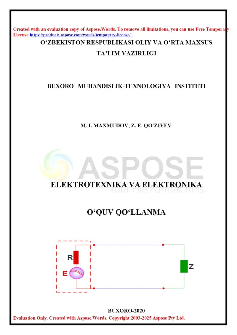 ELEKTROTEXNIKA VA ELEKTRONIKA O‘QUV QO‘LLANMA