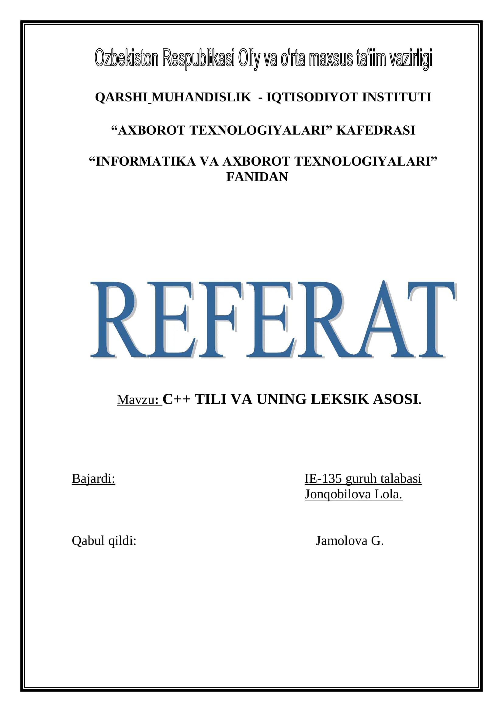 C++ TILI VA UNING LEKSIK ASOSI