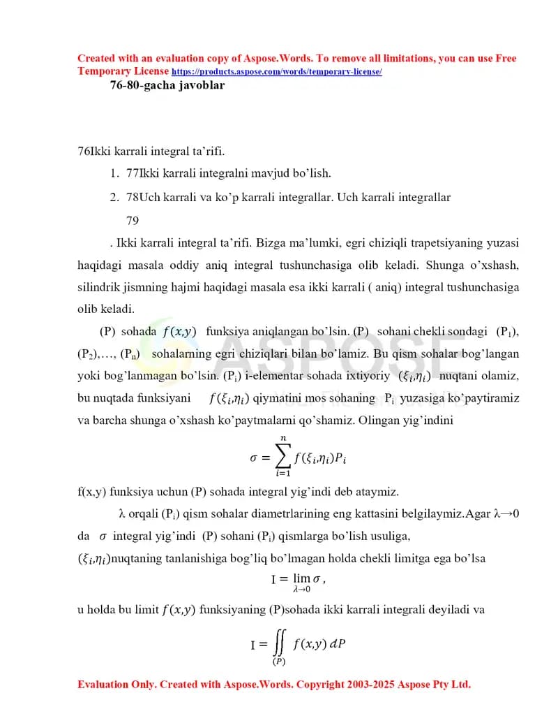 Ikki karrali integral ta’rifi va xossalari